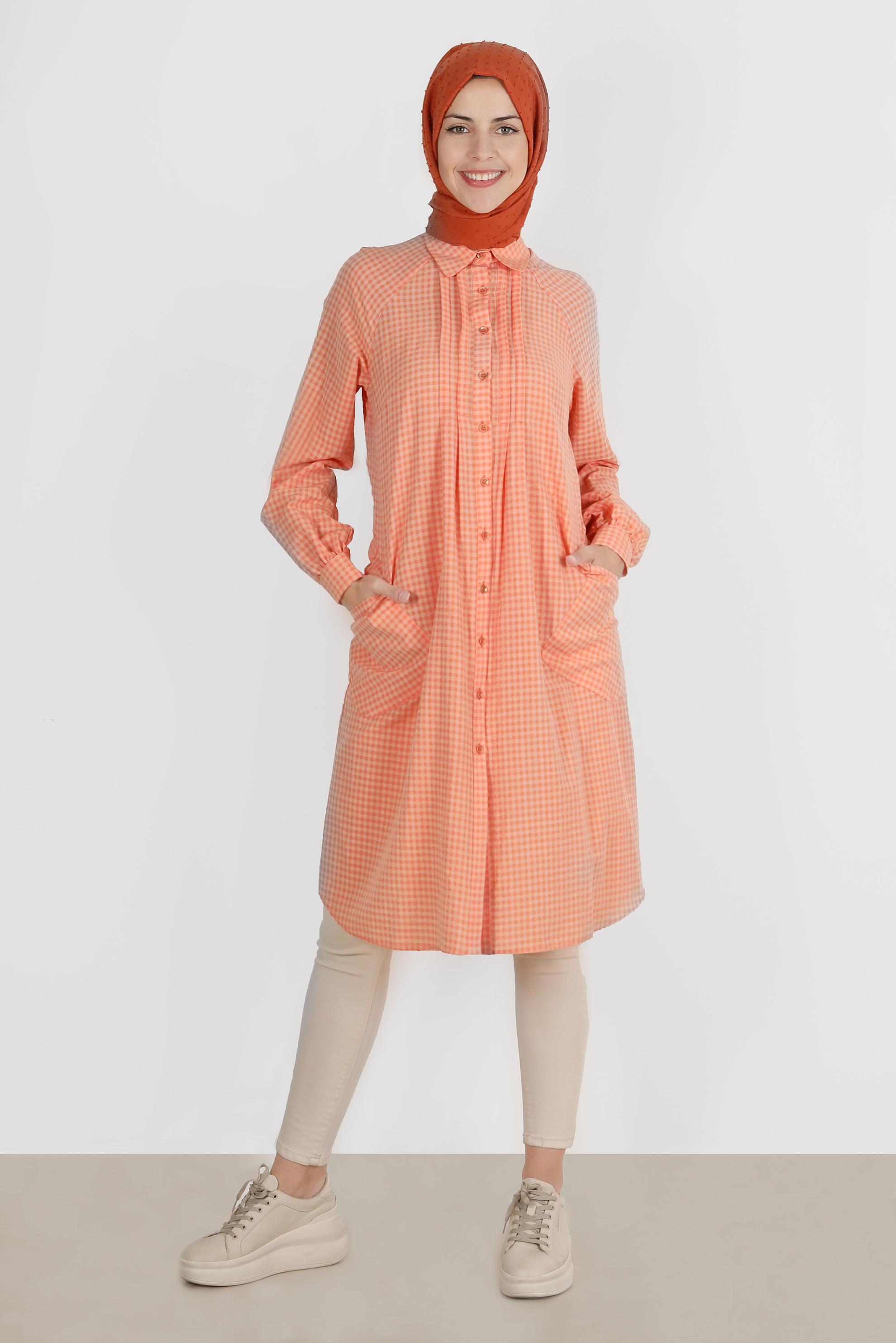 Tesettür giyim TURUNCU PÖTİKARE DESEN BOYDAN DÜĞMELİ TUNİK 42871 