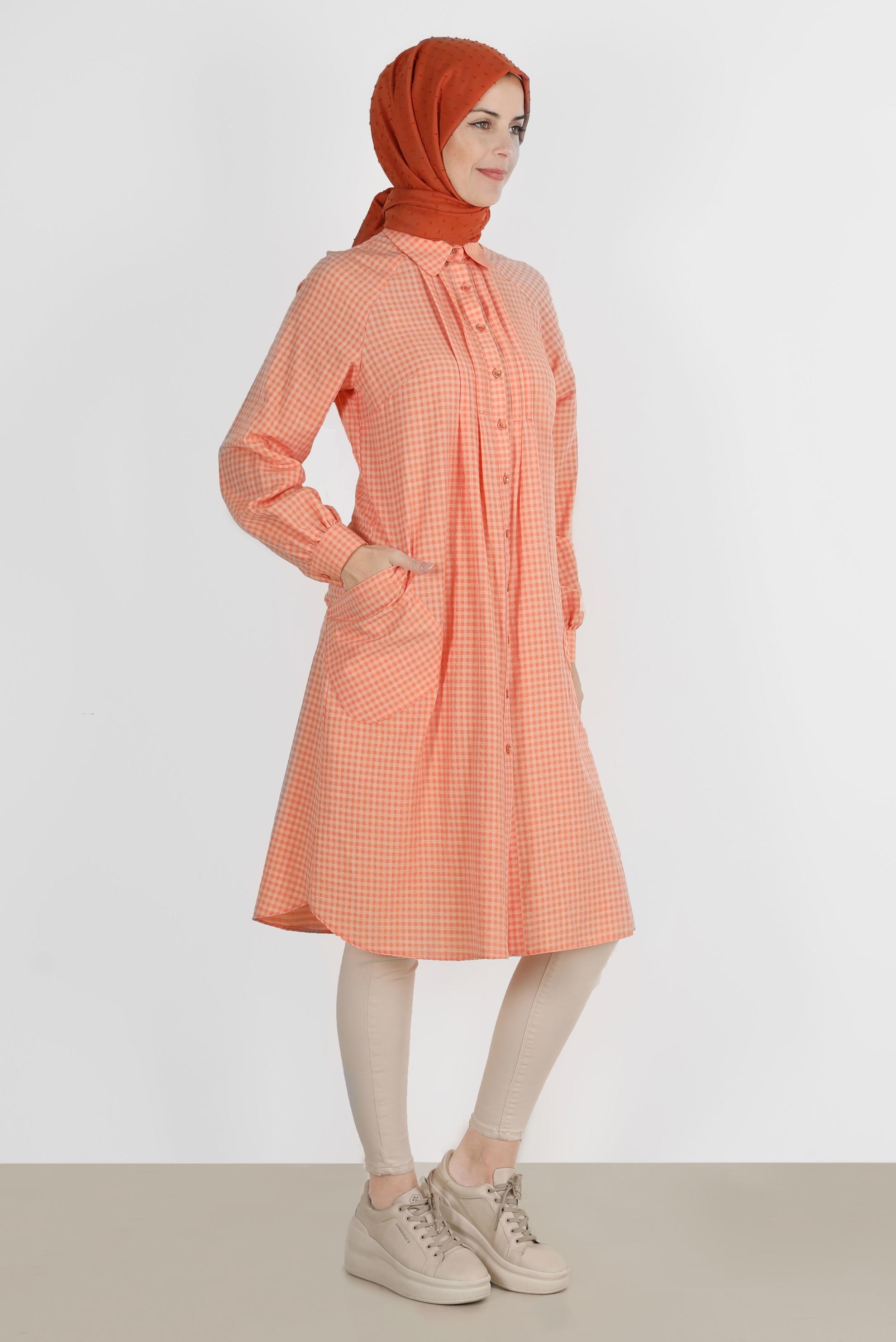 Tesettür giyim TURUNCU PÖTİKARE DESEN BOYDAN DÜĞMELİ TUNİK 42871 