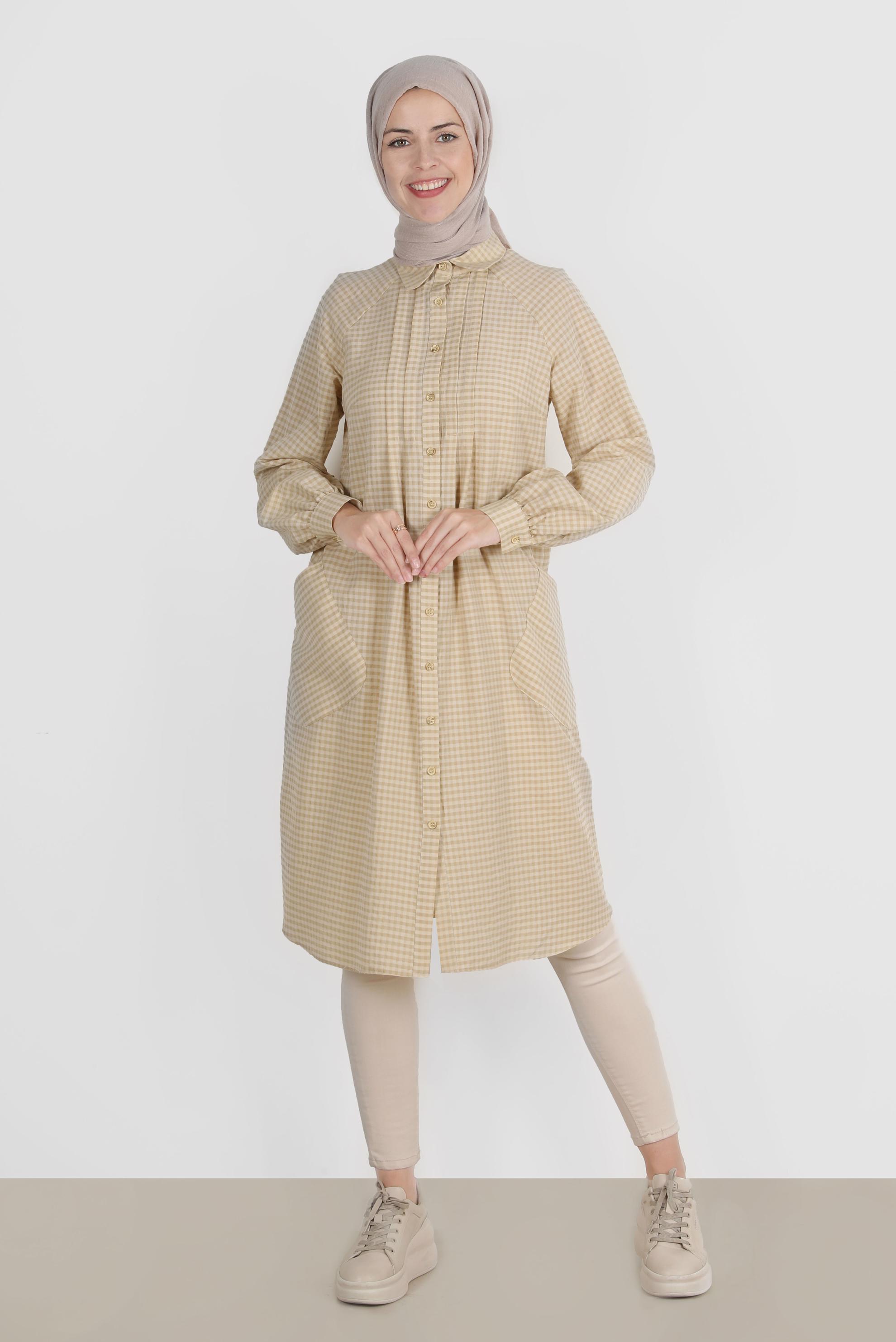 Tesettür giyim KAHVE PÖTİKARE DESEN BOYDAN DÜĞMELİ TUNİK 42871 