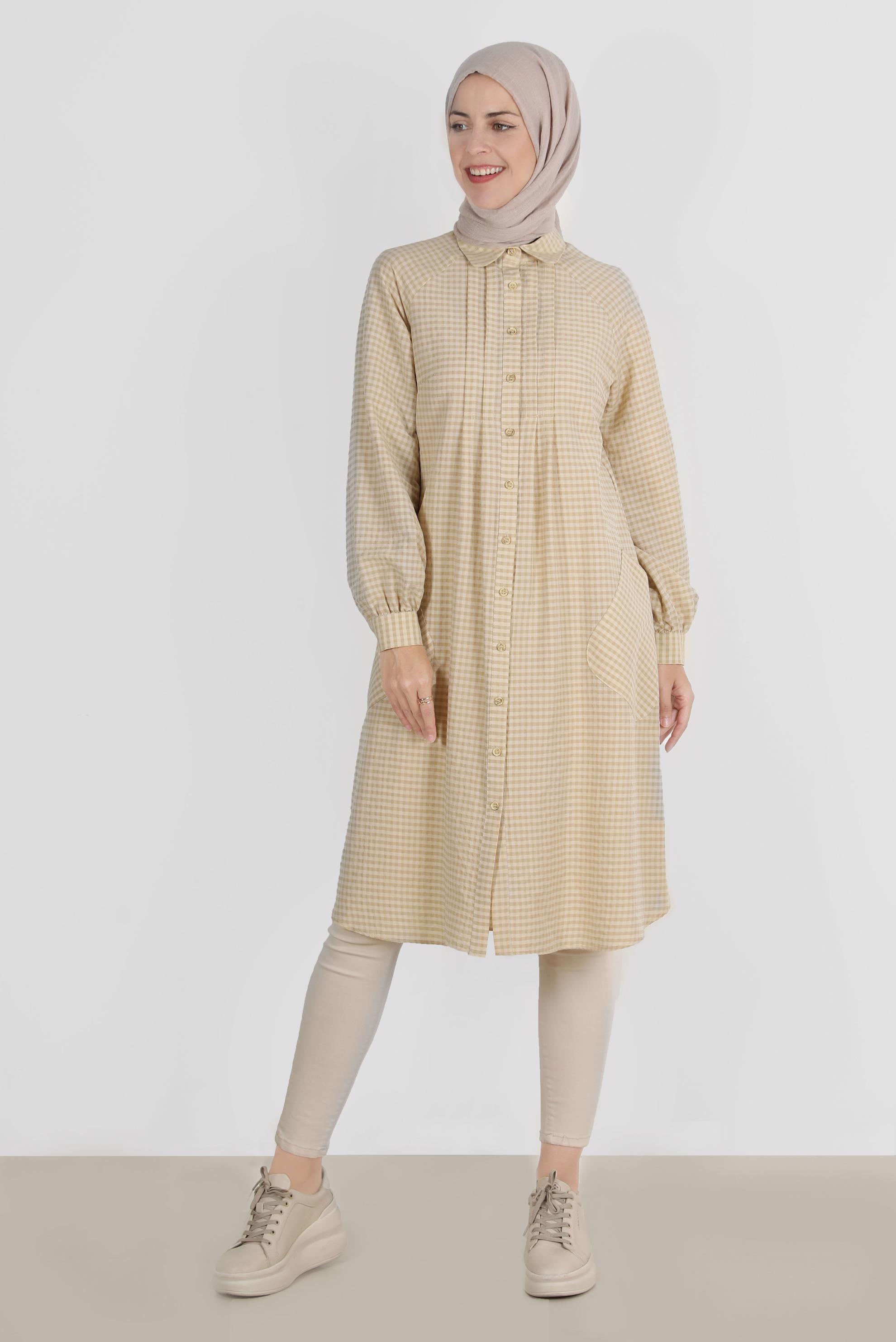 Tesettür giyim KAHVE PÖTİKARE DESEN BOYDAN DÜĞMELİ TUNİK 42871 