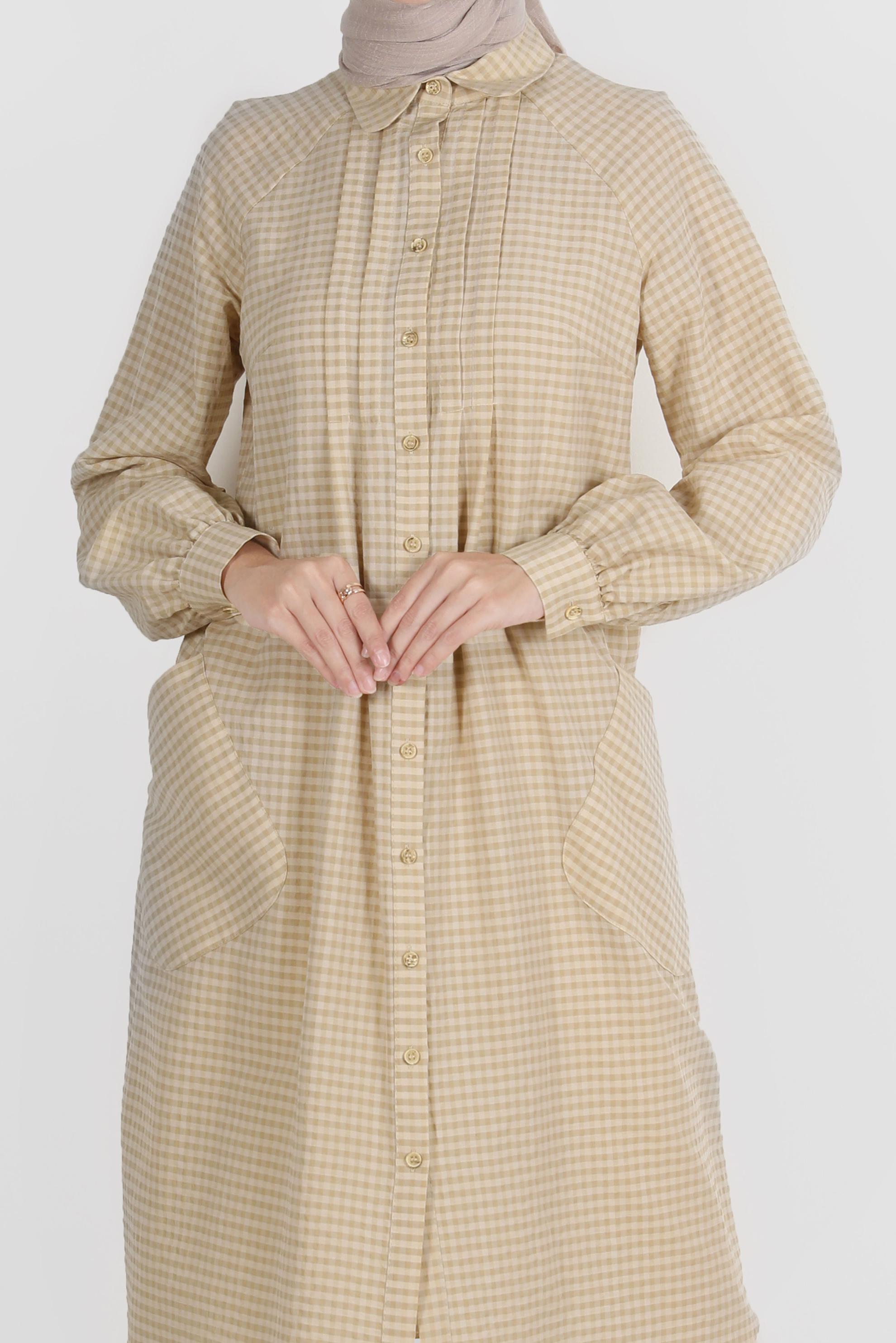 Tesettür giyim KAHVE PÖTİKARE DESEN BOYDAN DÜĞMELİ TUNİK 42871 