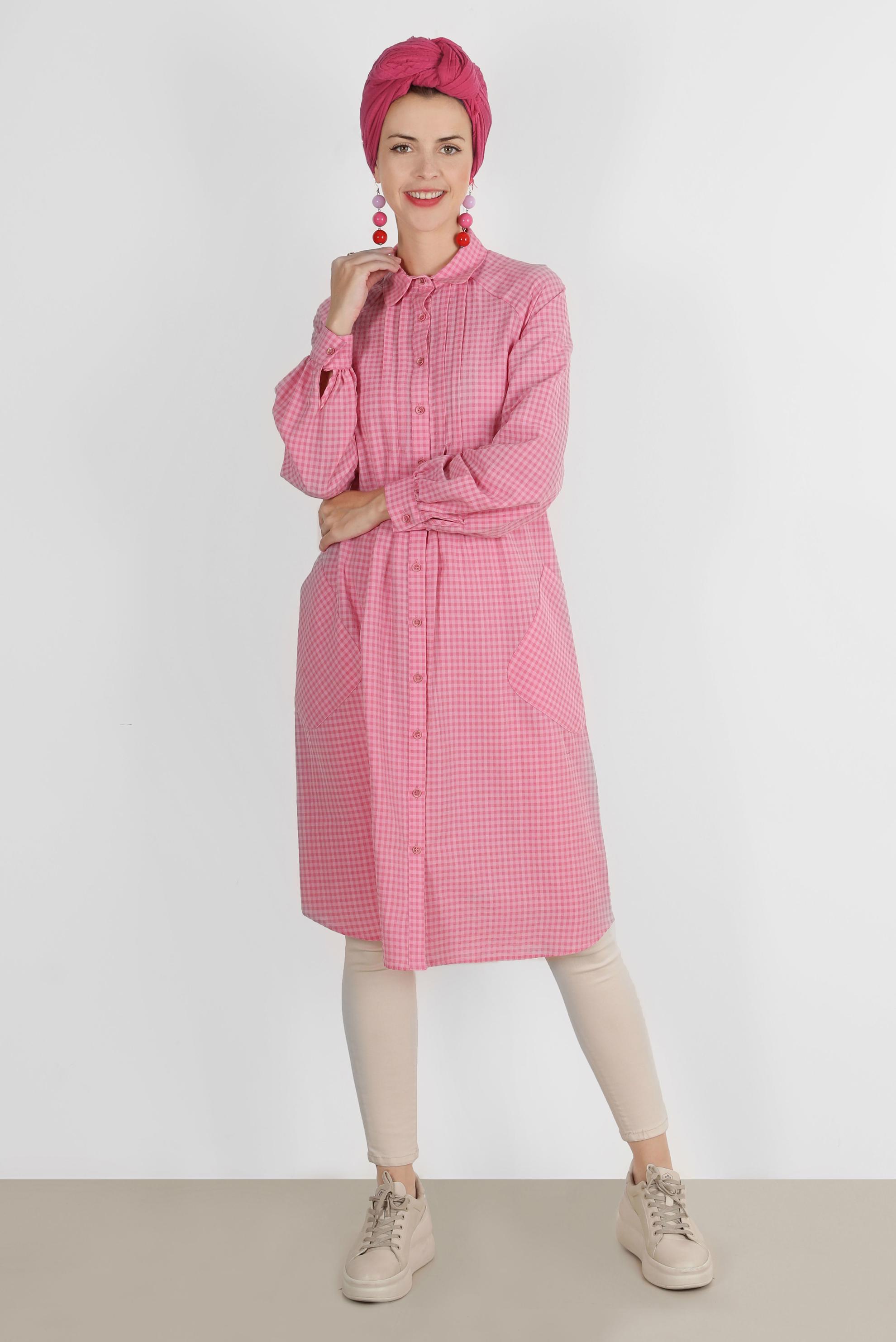 Tesettür giyim FUŞYA PÖTİKARE DESEN BOYDAN DÜĞMELİ TUNİK 42871 