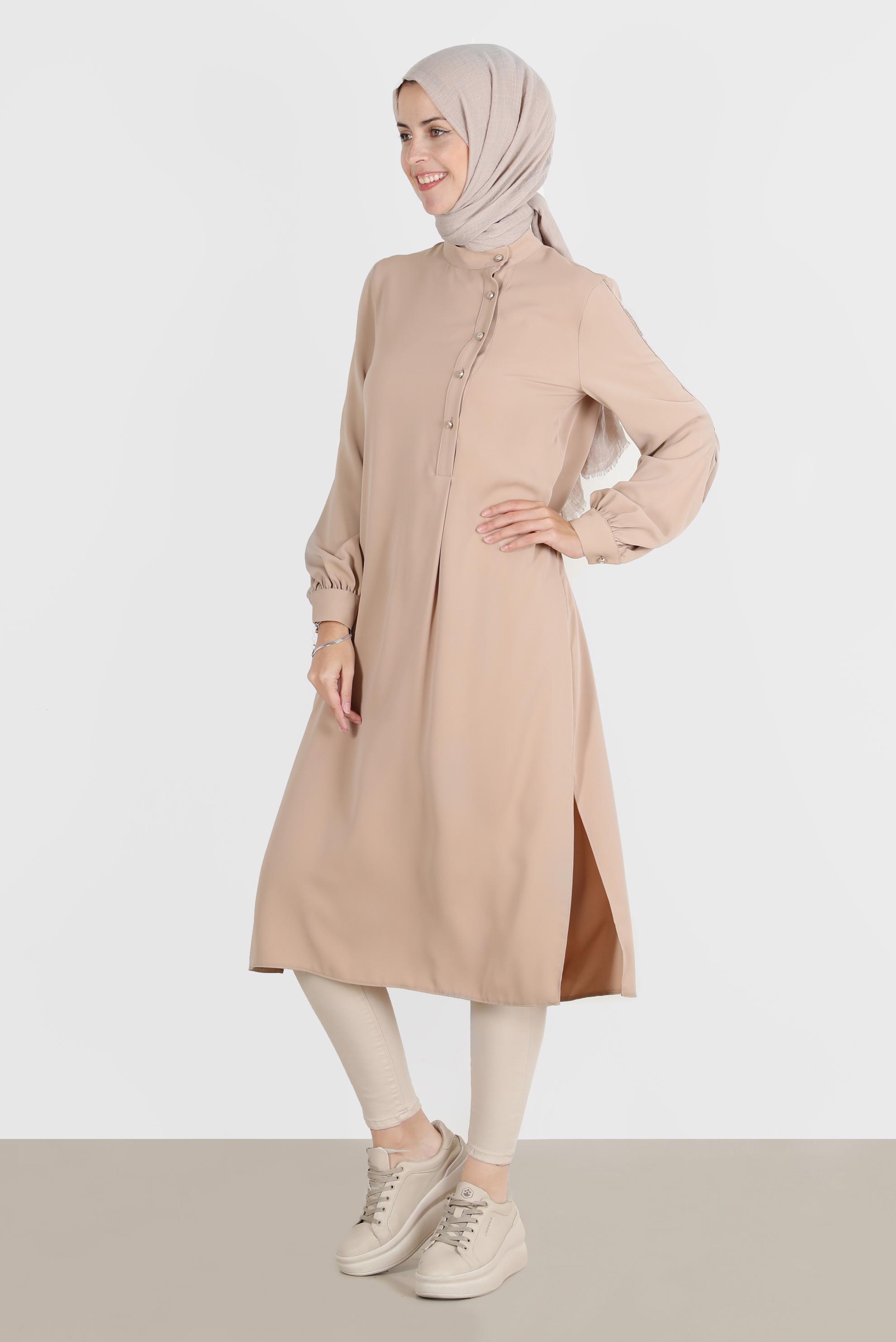 Tesettür giyim BEJ DÜĞME DETAYLI TUNİK 42874 