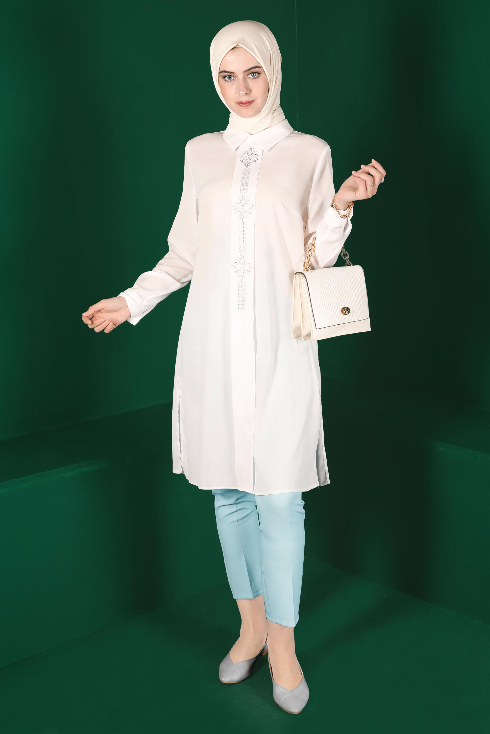 Tesettür giyim BEYAZ TAŞ BASKILI TUNİK 42875 