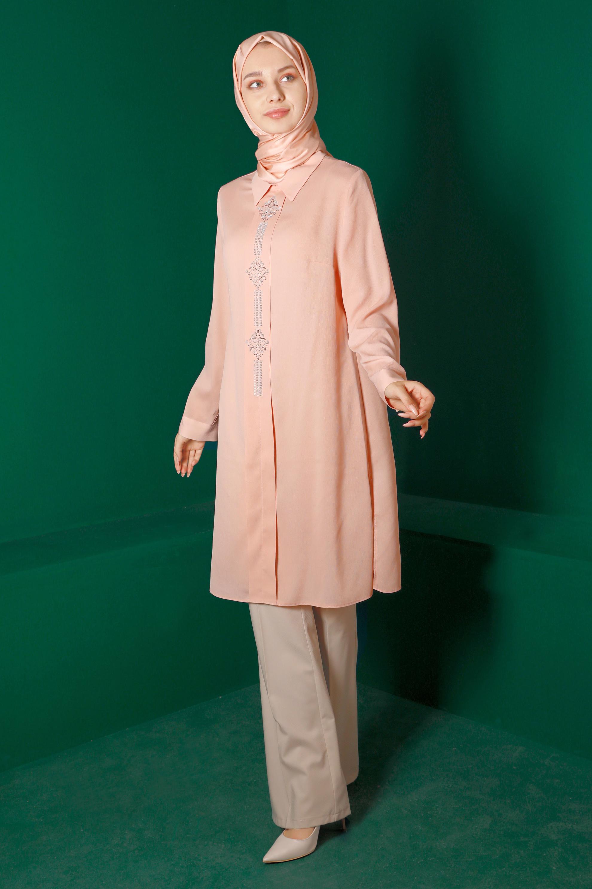 Tesettür giyim PUDRA TAŞ BASKILI TUNİK 42875 