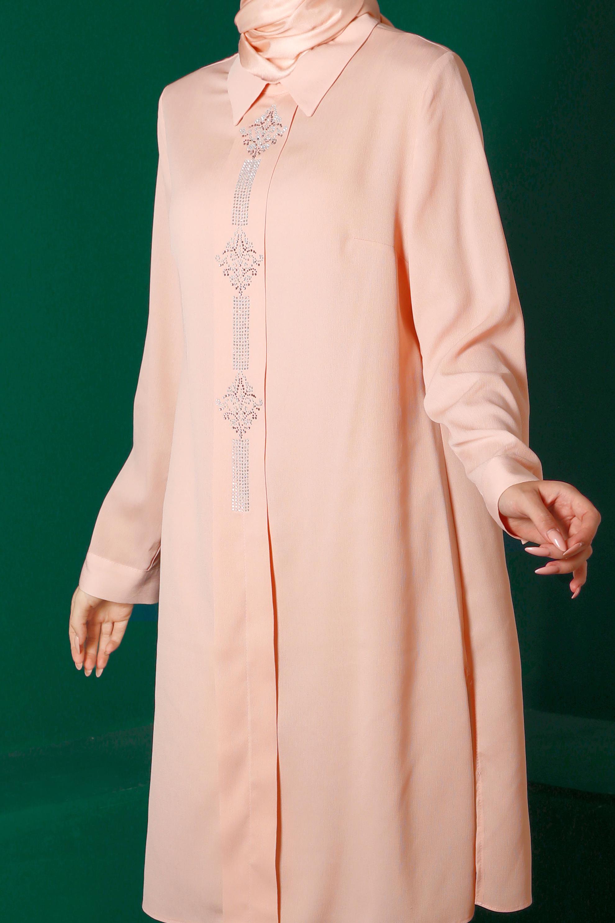 Tesettür giyim PUDRA TAŞ BASKILI TUNİK 42875 