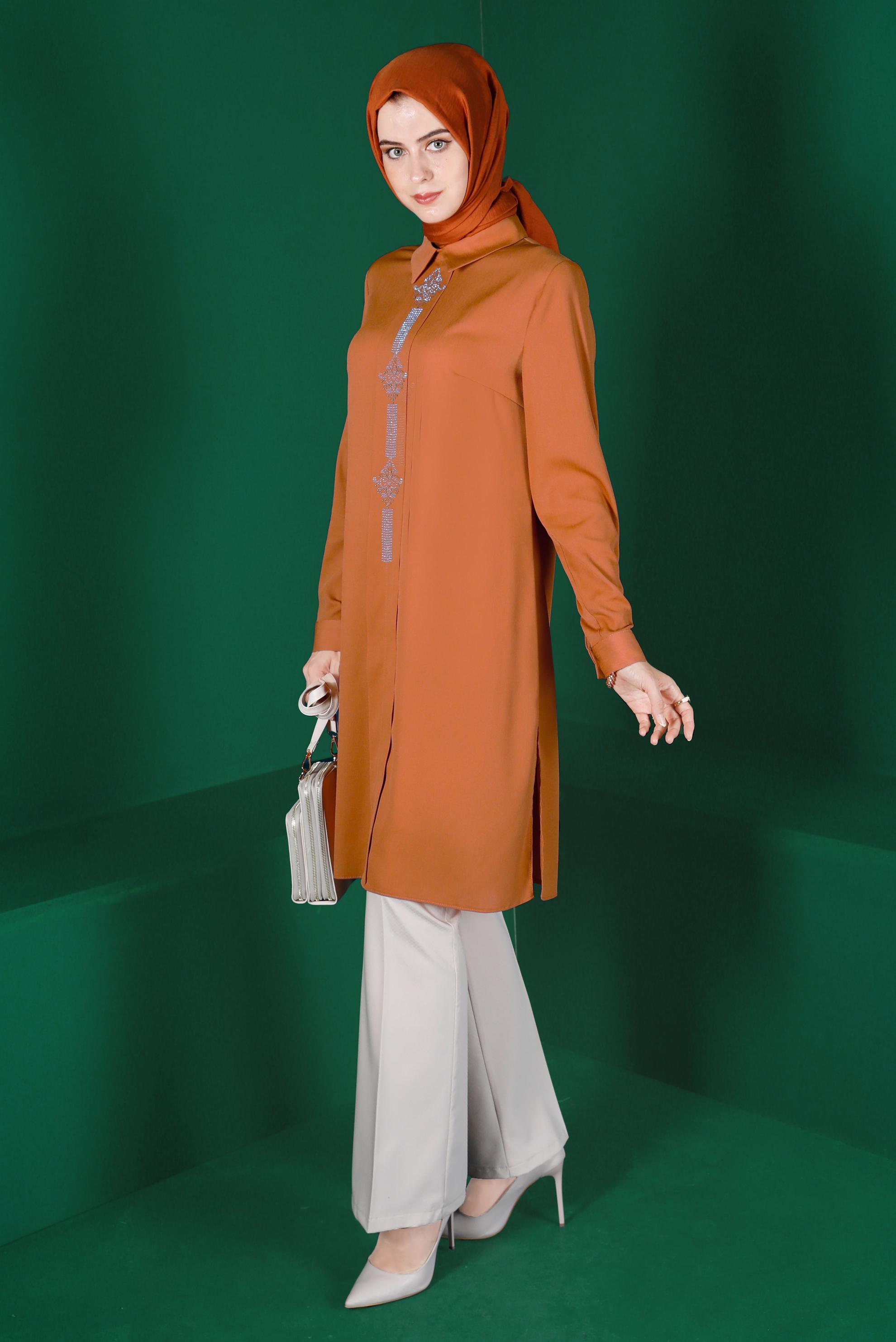 Tesettür giyim SARI TAŞ BASKILI TUNİK 42875 