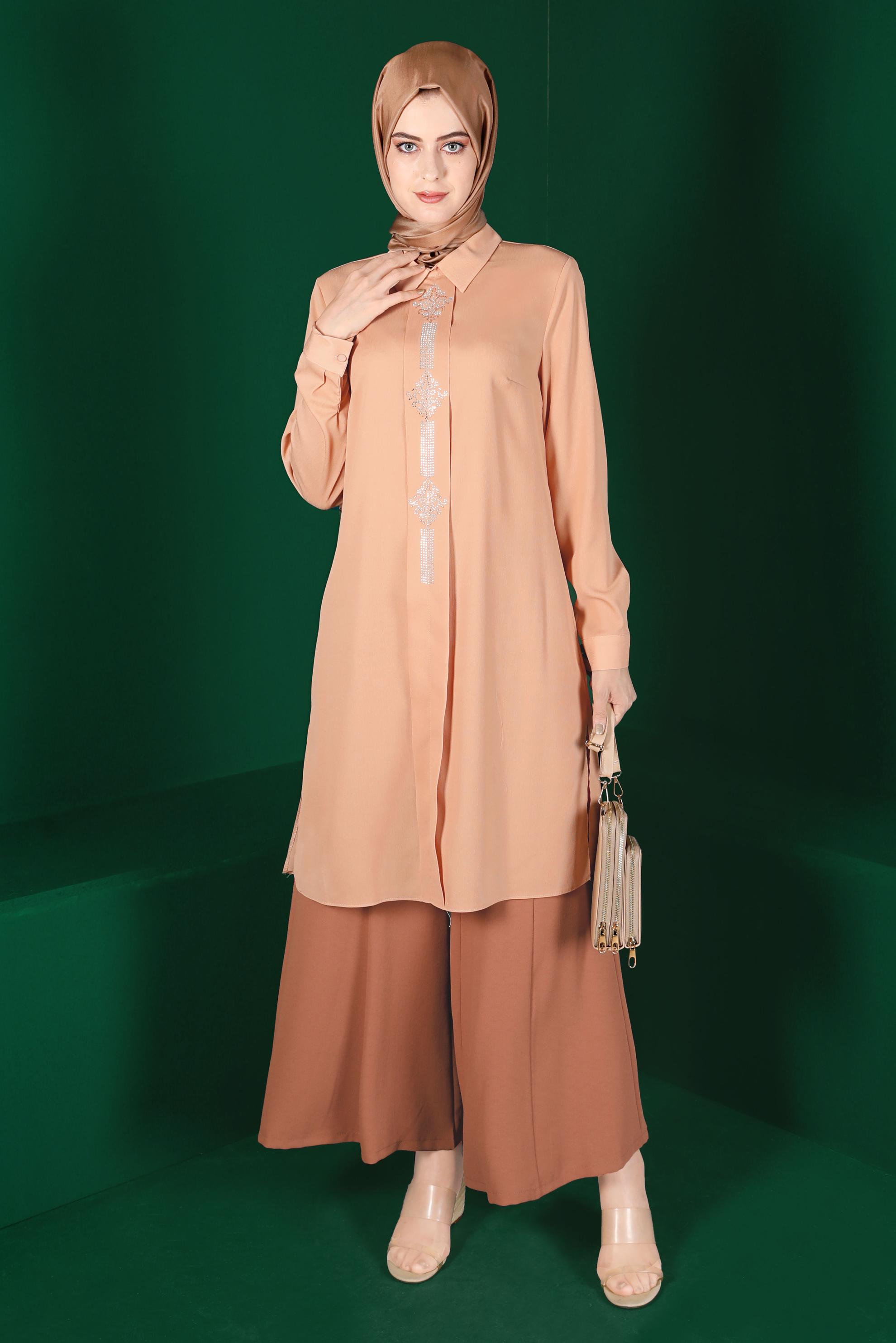 Tesettür giyim PUDRA TAŞ BASKILI TUNİK 42875 