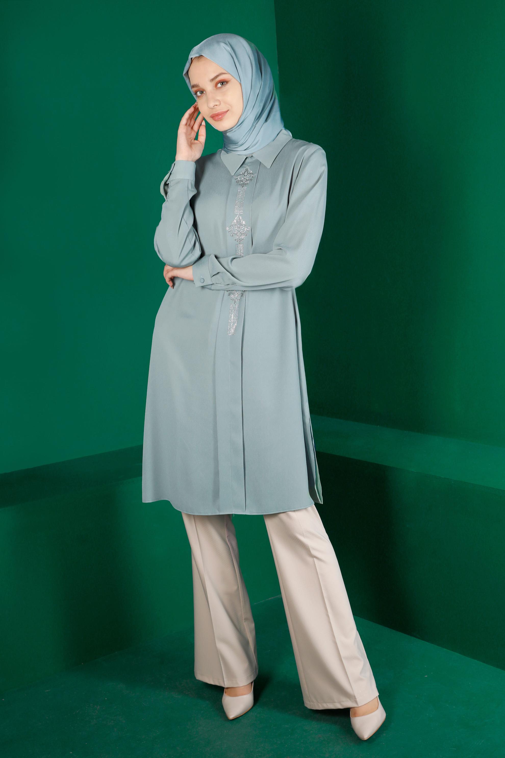 Tesettür giyim YEŞİL TAŞ BASKILI TUNİK 42875 