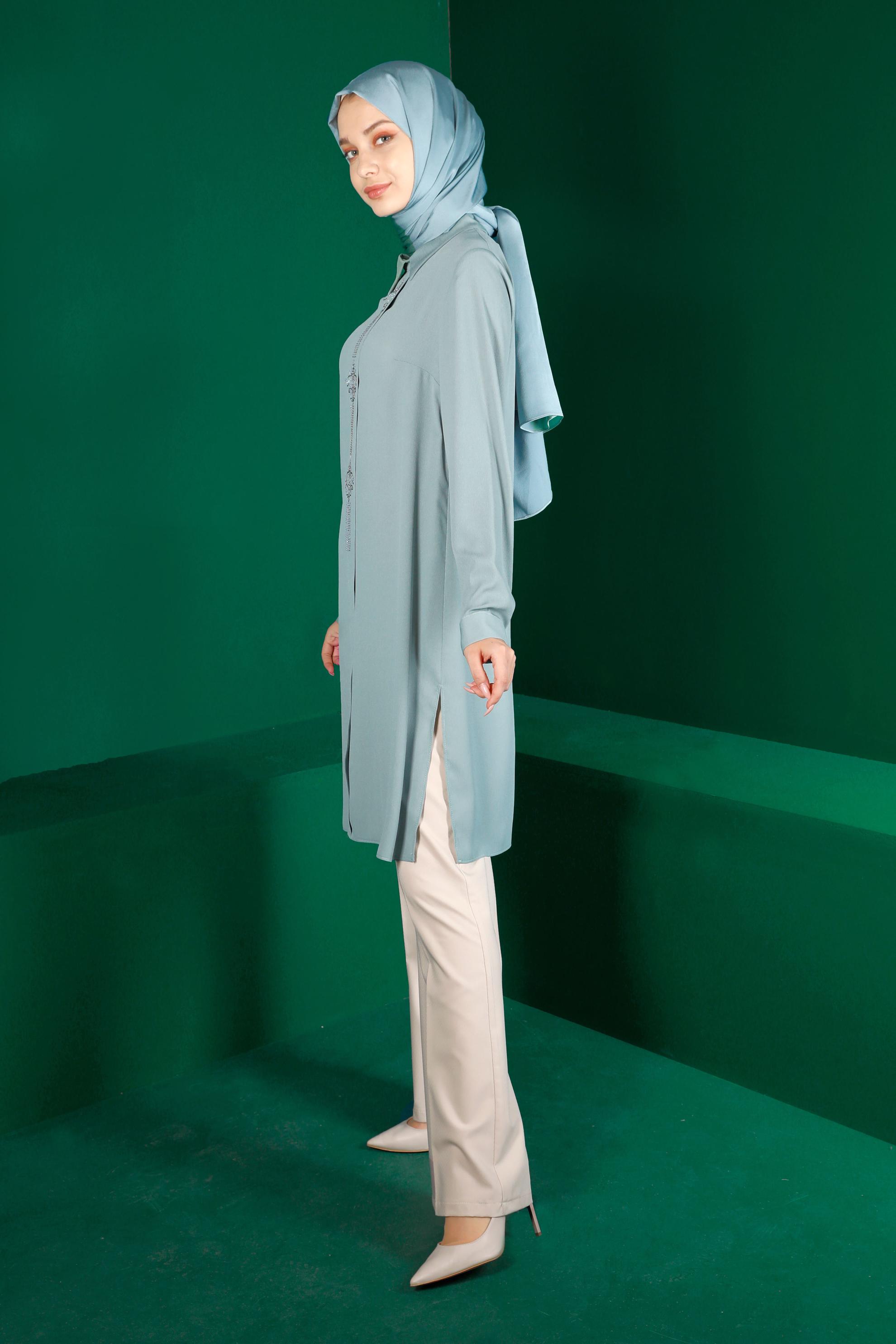 Tesettür giyim YEŞİL TAŞ BASKILI TUNİK 42875 