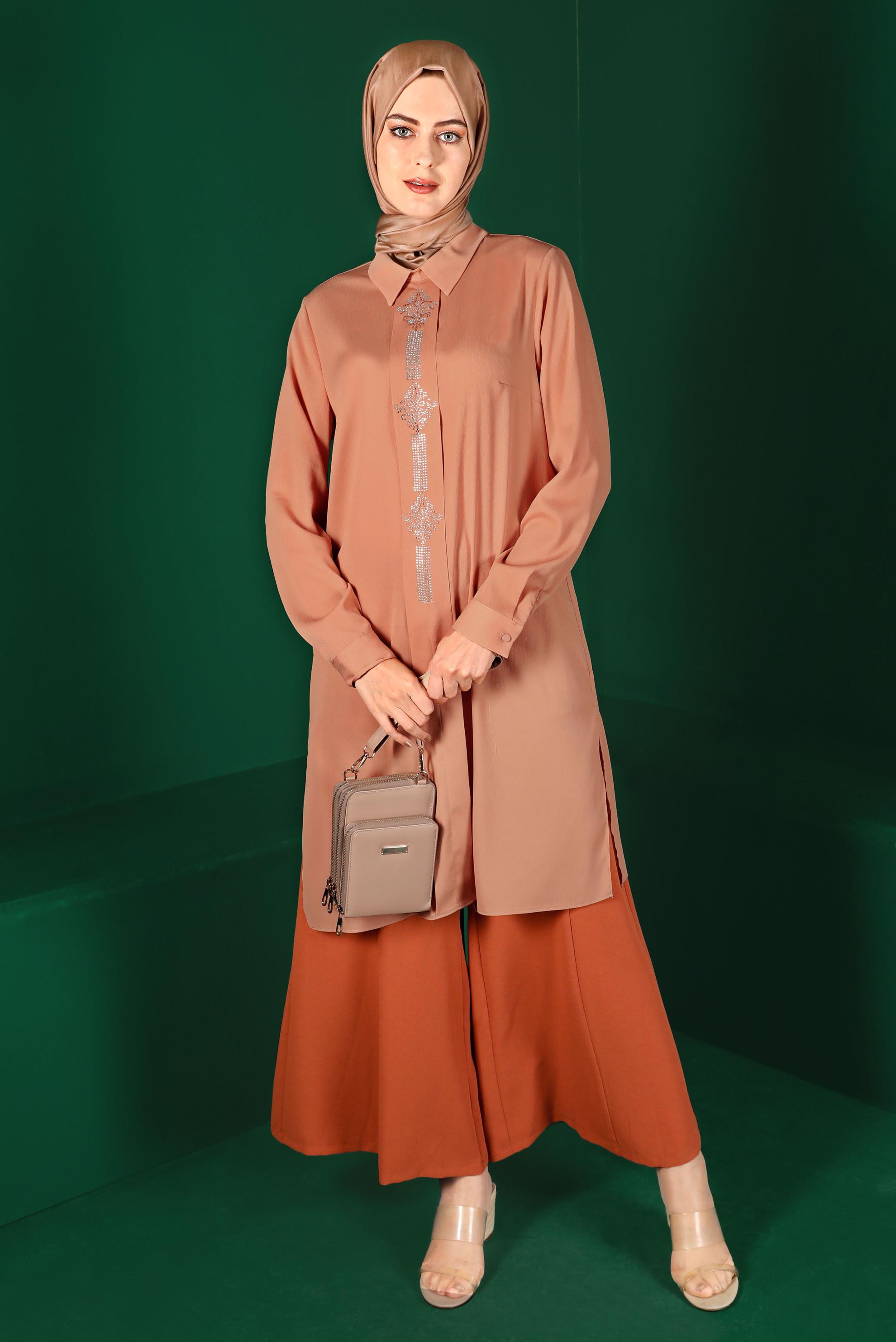 Tesettür giyim KAHVE TAŞ BASKILI TUNİK 42875 