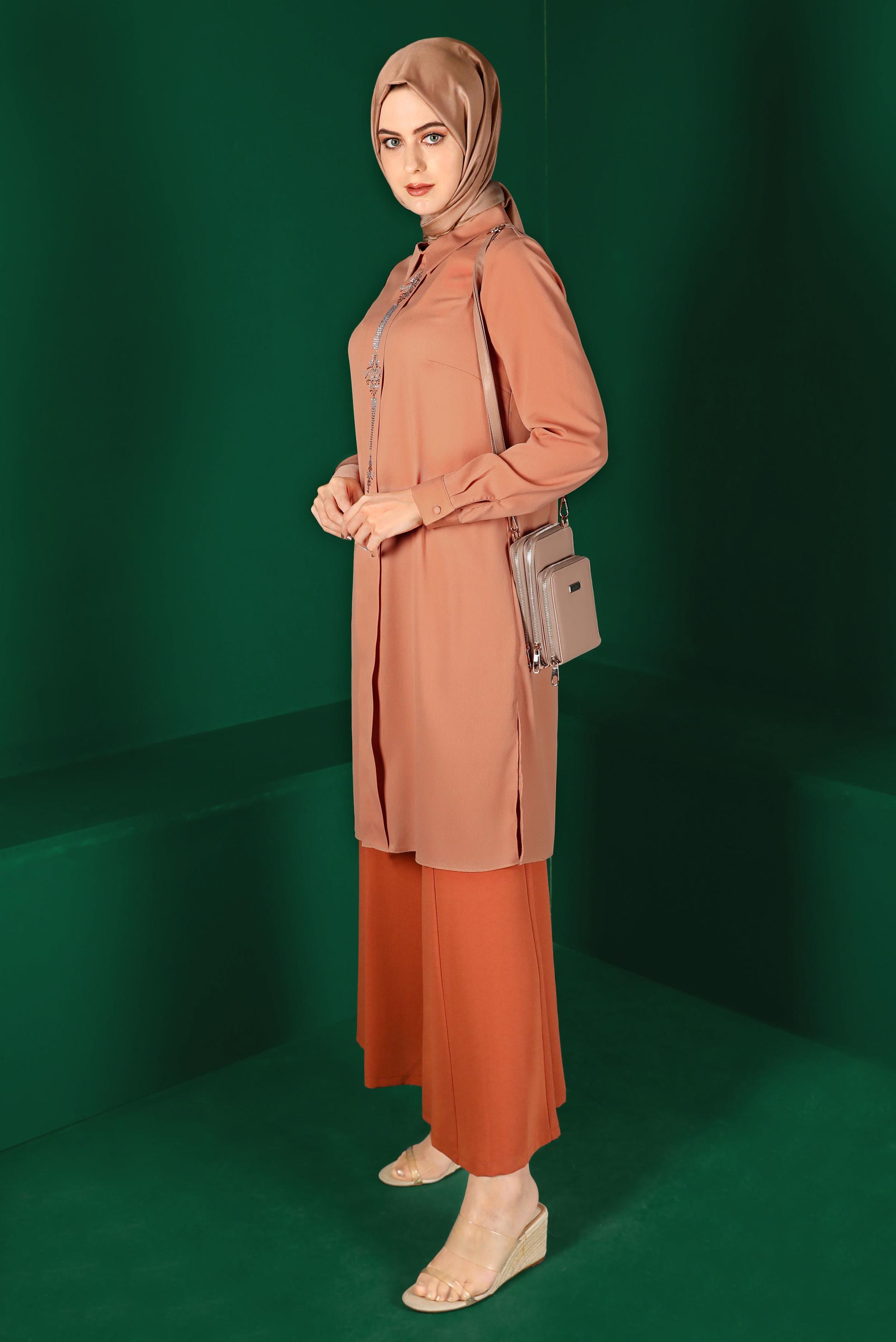 Tesettür giyim KAHVE TAŞ BASKILI TUNİK 42875 