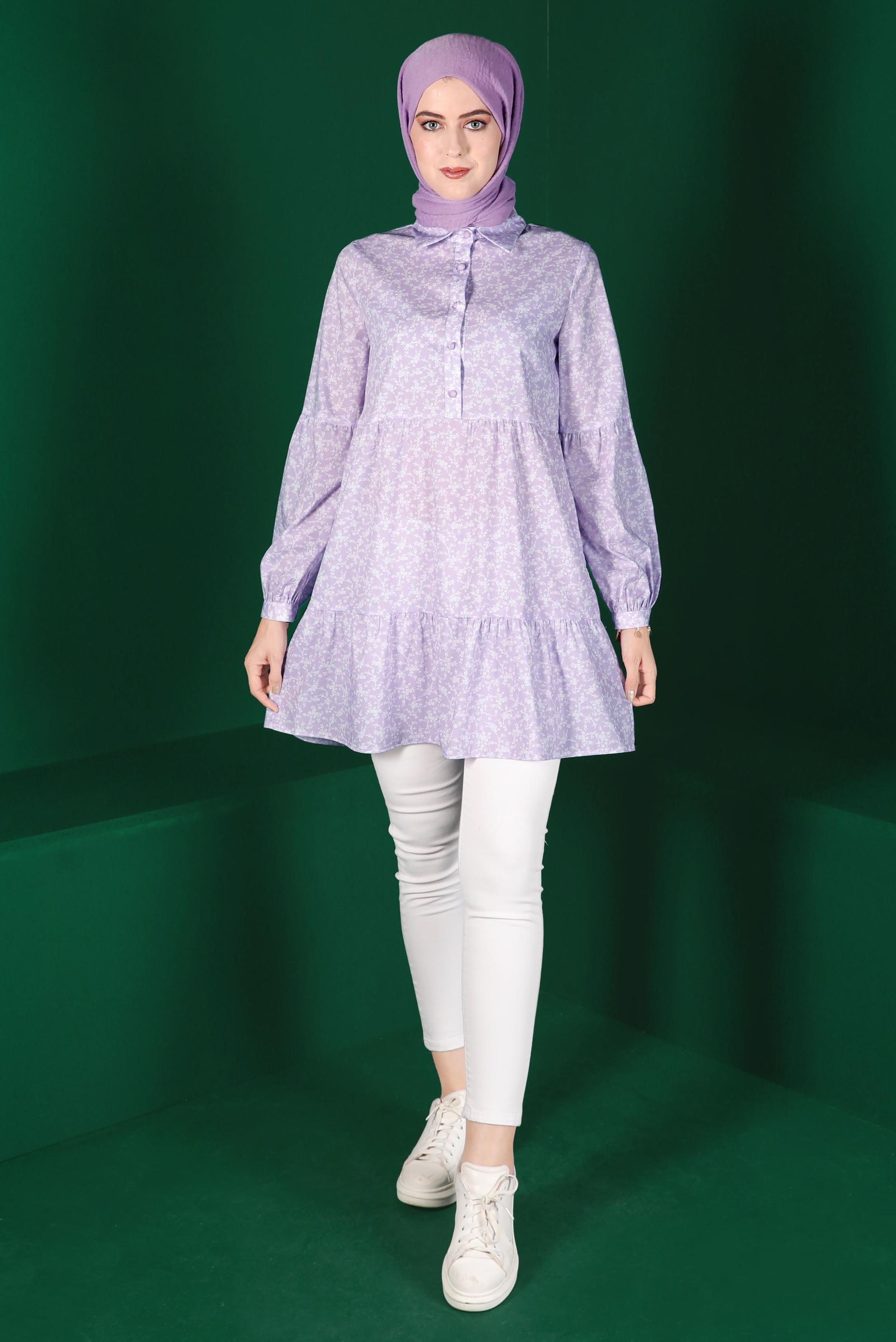 Tesettür giyim MOR ÇİÇEK DESENLİ DÜĞMELİ TUNİK 42876 