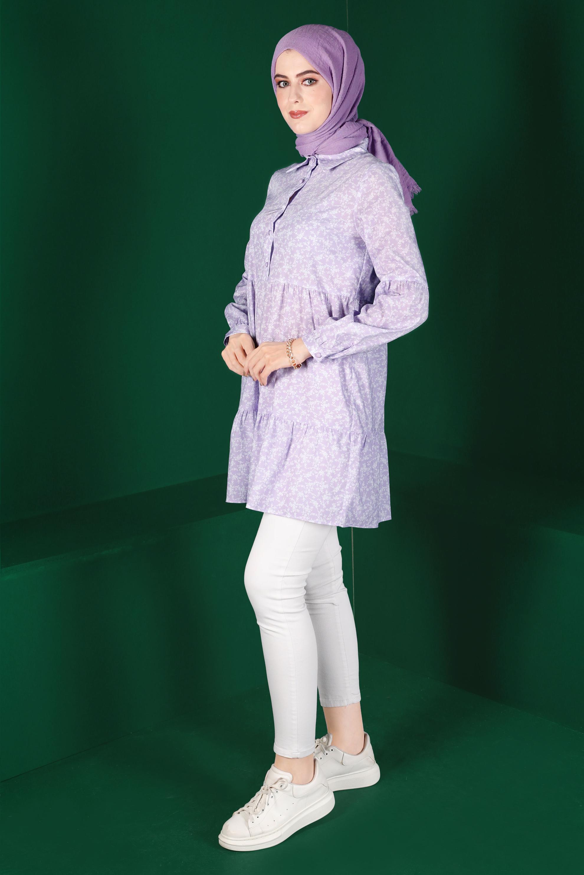 Tesettür giyim MOR ÇİÇEK DESENLİ DÜĞMELİ TUNİK 42876 