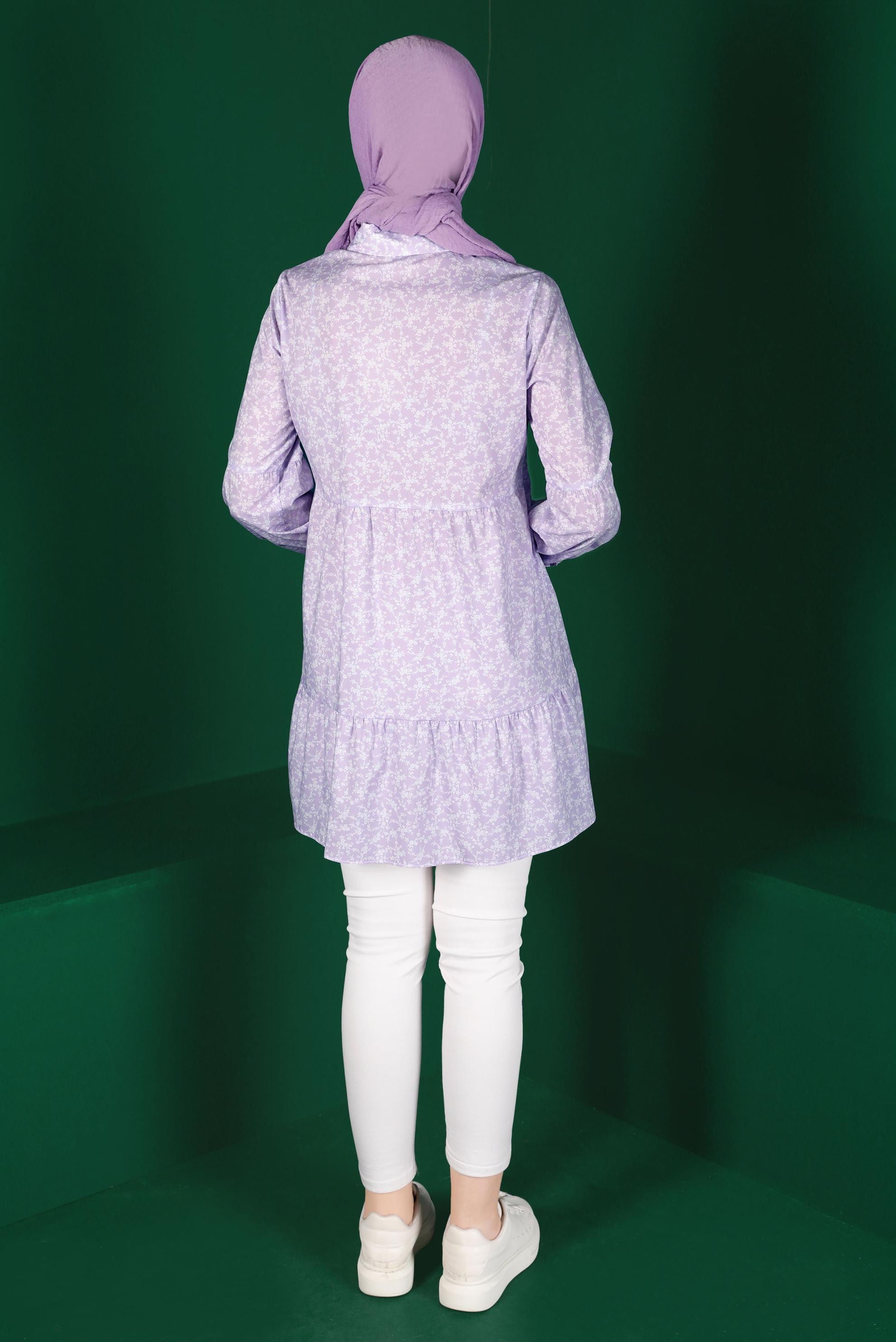 Tesettür giyim MOR ÇİÇEK DESENLİ DÜĞMELİ TUNİK 42876 