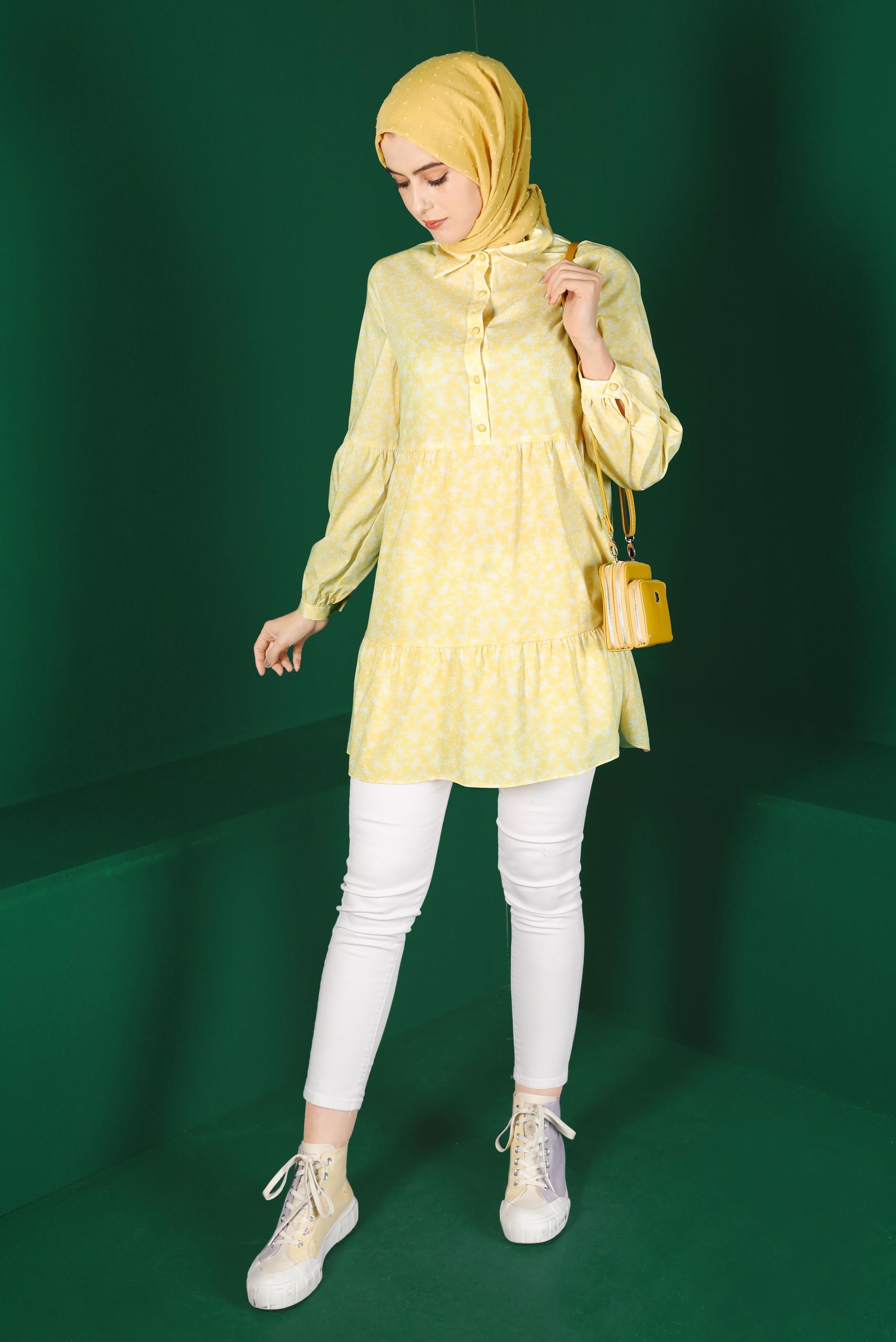 Tesettür giyim SARI ÇİÇEK DESENLİ DÜĞMELİ TUNİK 42876 