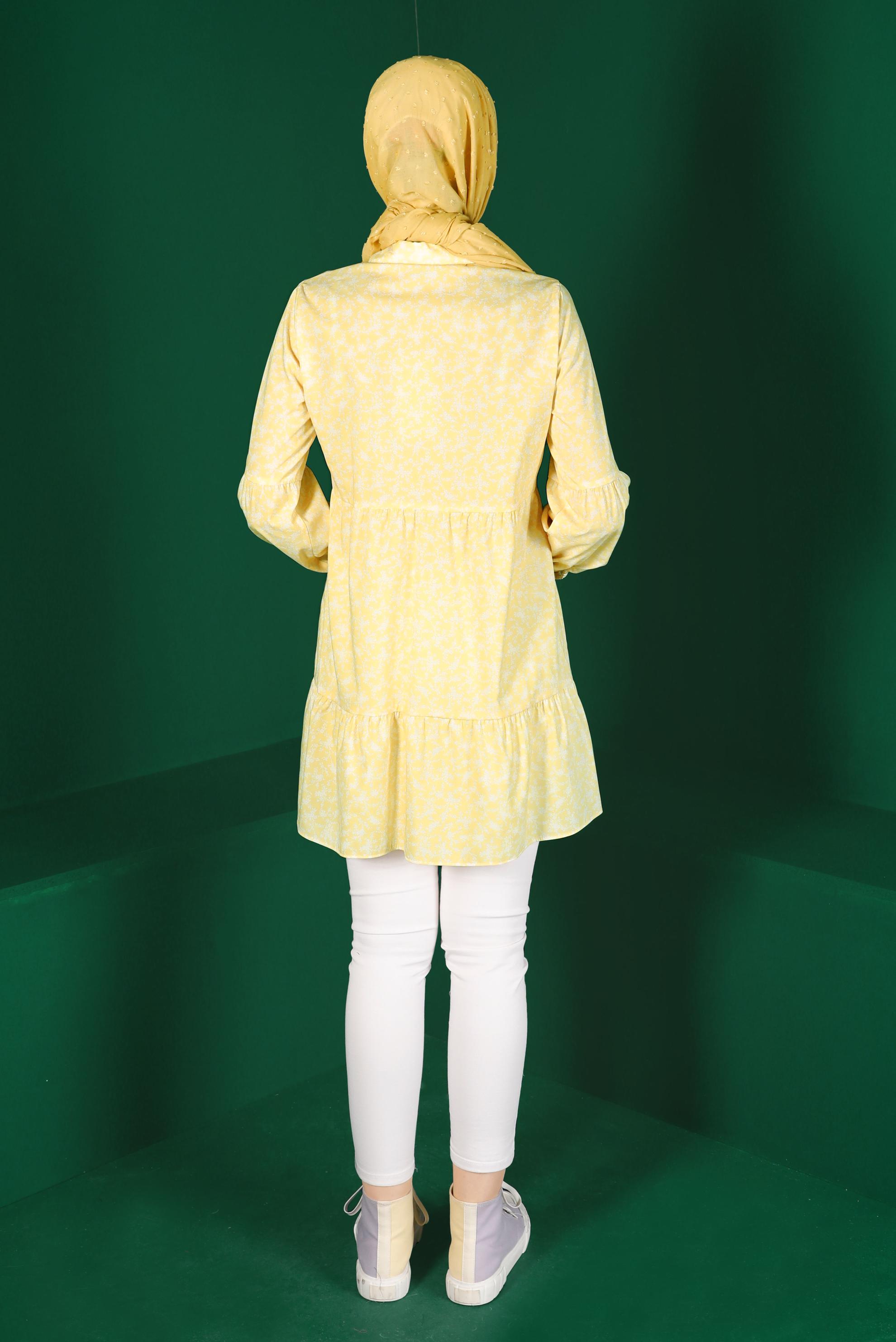 Tesettür giyim SARI ÇİÇEK DESENLİ DÜĞMELİ TUNİK 42876 