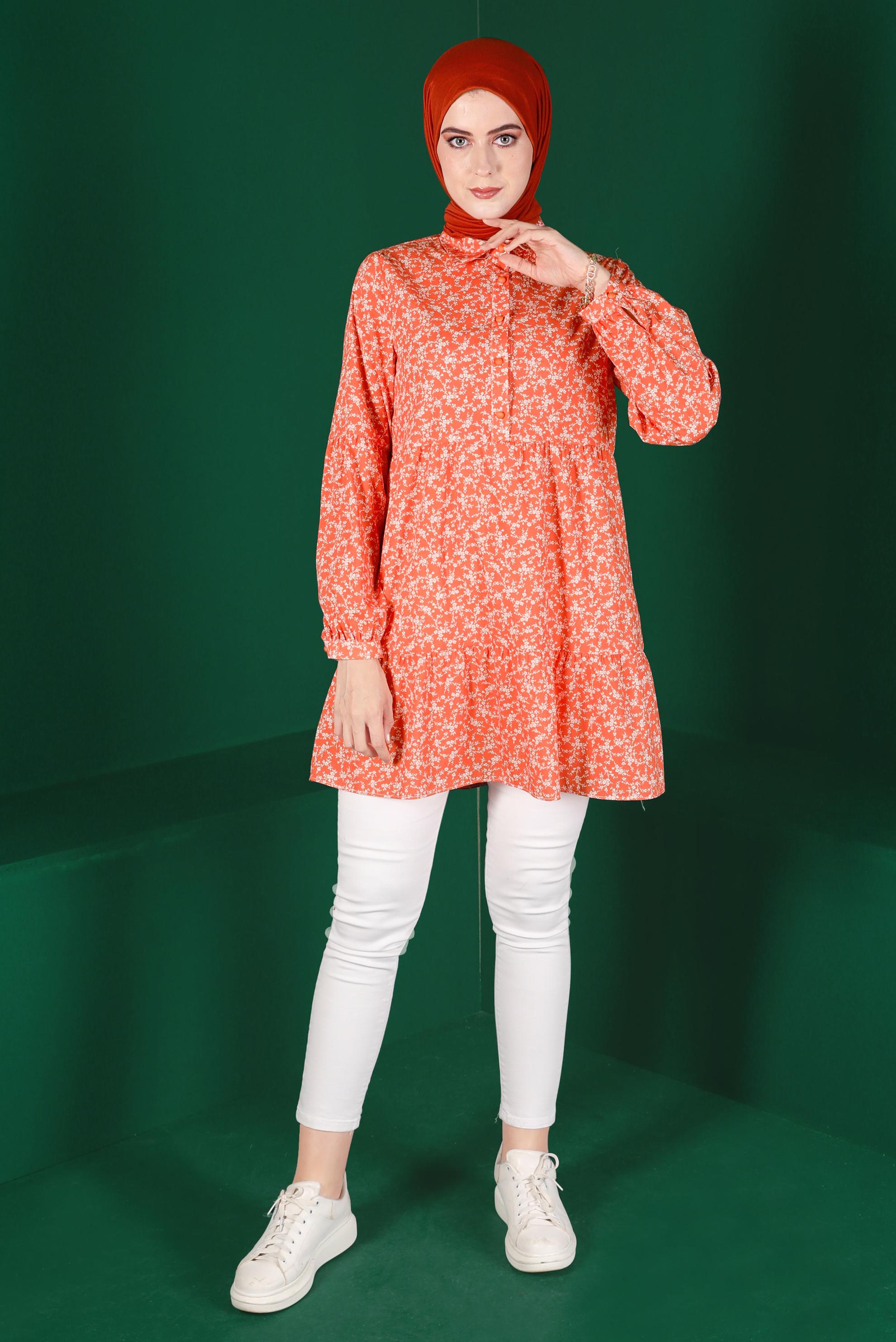 Tesettür giyim MERCAN ÇİÇEK DESENLİ DÜĞMELİ TUNİK 42876 