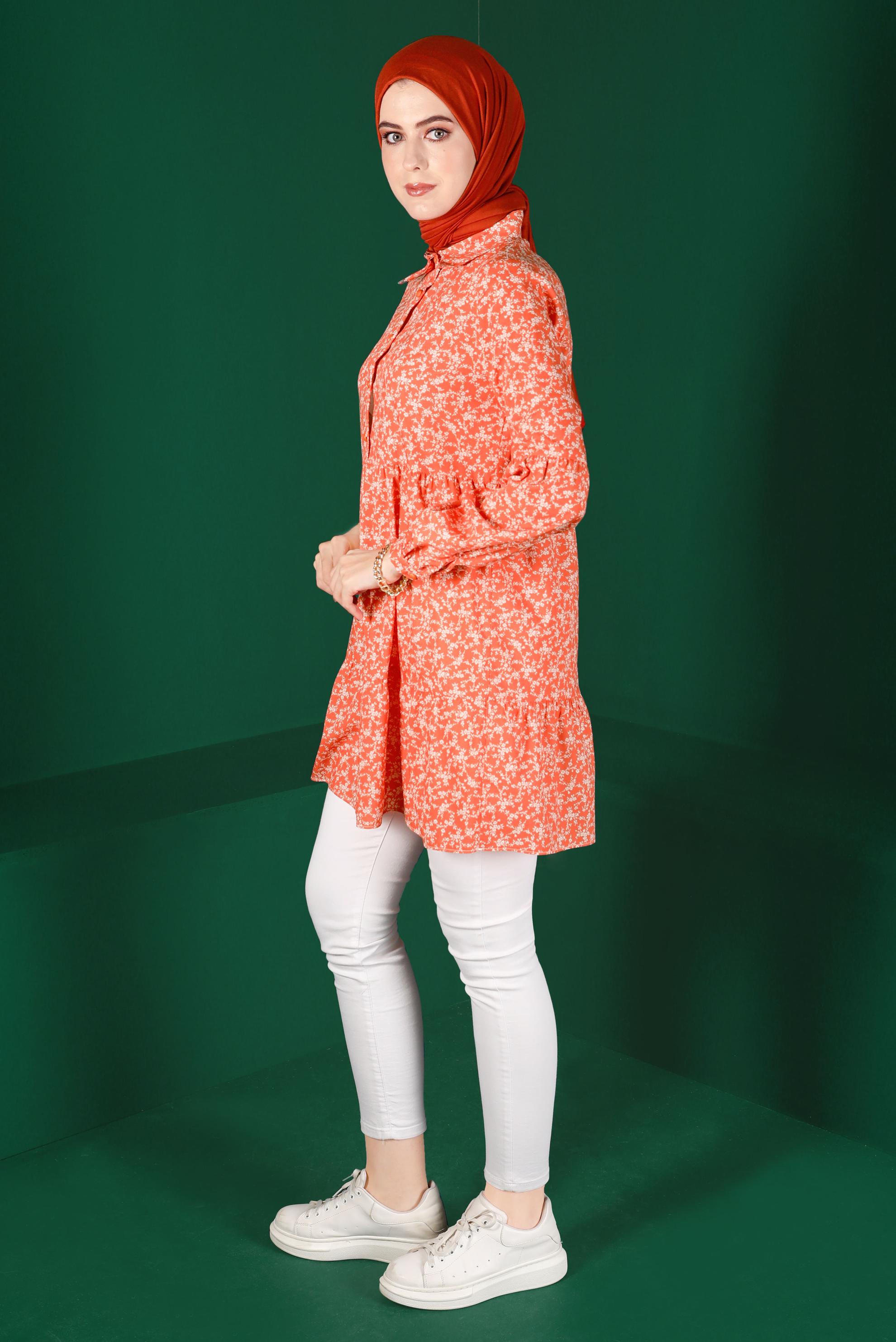 Tesettür giyim MERCAN ÇİÇEK DESENLİ DÜĞMELİ TUNİK 42876 