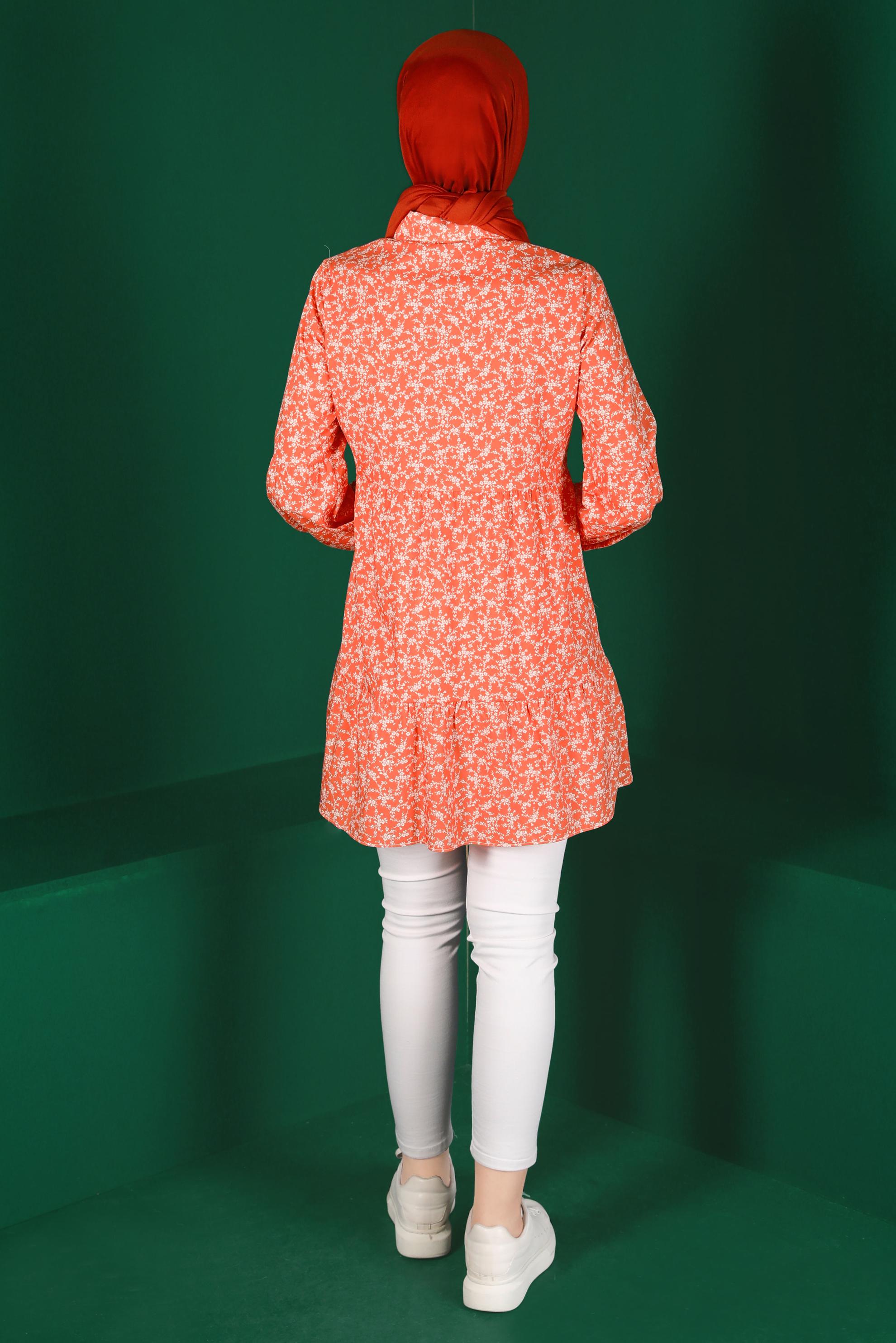 Tesettür giyim MERCAN ÇİÇEK DESENLİ DÜĞMELİ TUNİK 42876 