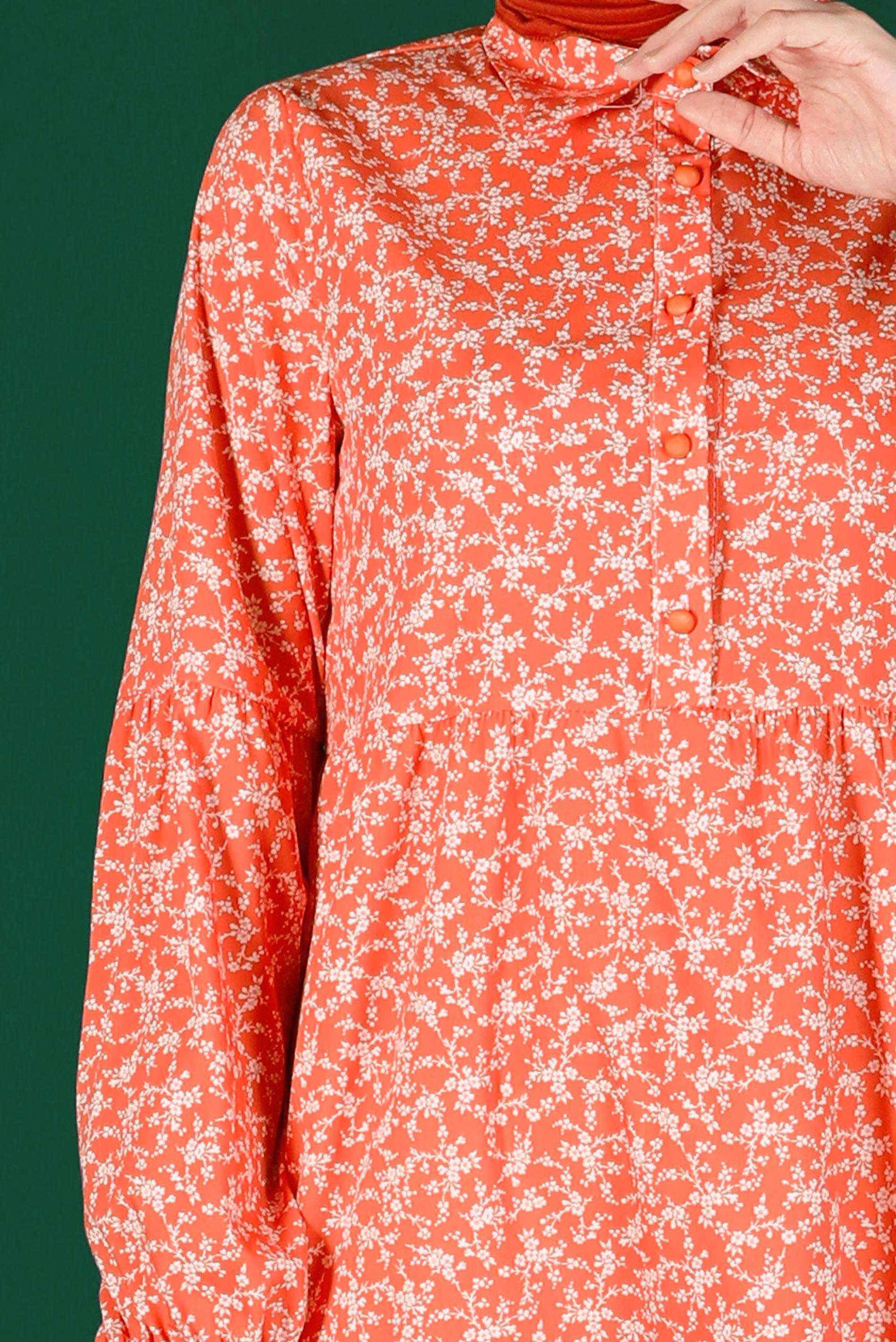 Tesettür giyim MERCAN ÇİÇEK DESENLİ DÜĞMELİ TUNİK 42876 