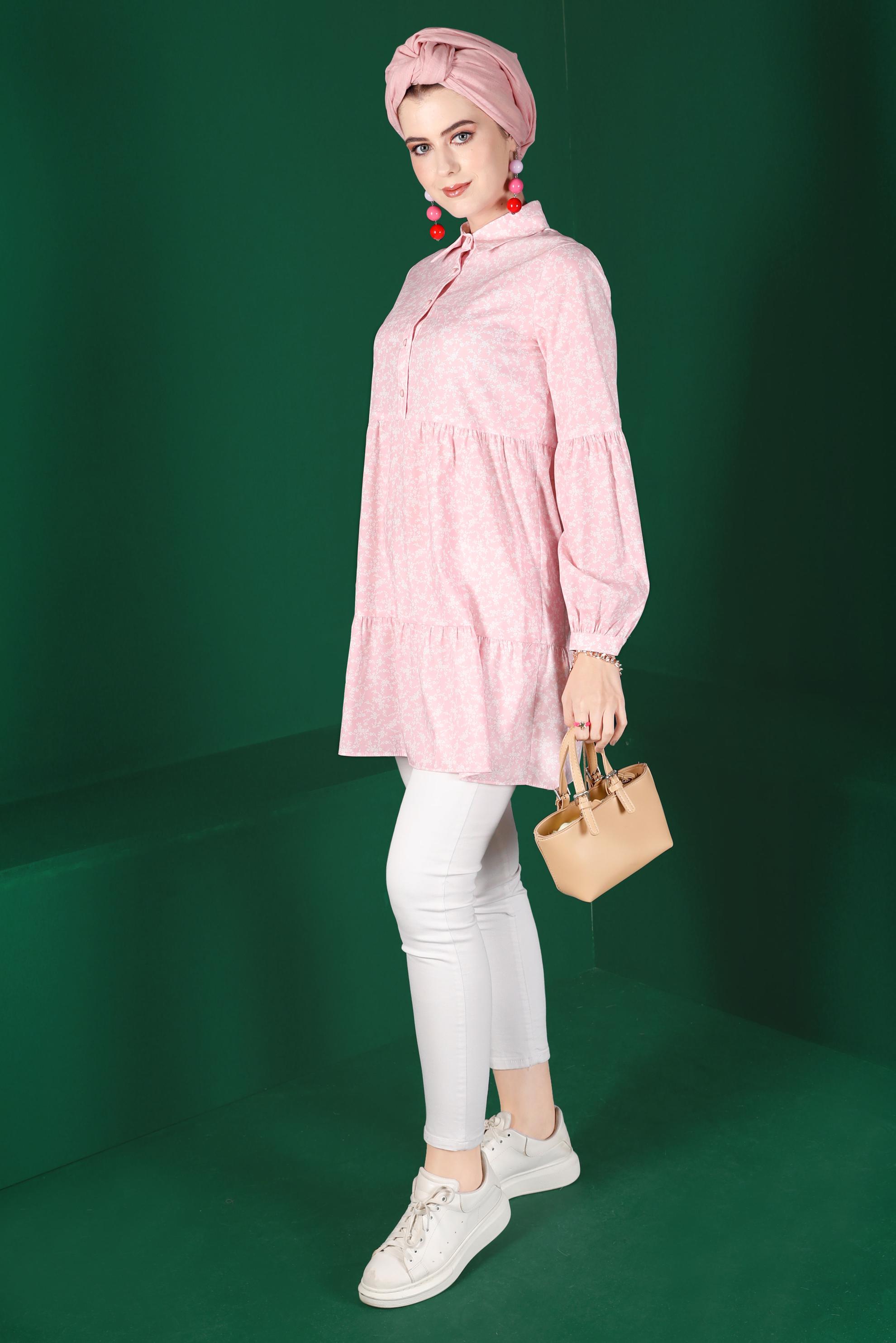 Tesettür giyim PUDRA ÇİÇEK DESENLİ DÜĞMELİ TUNİK 42876 