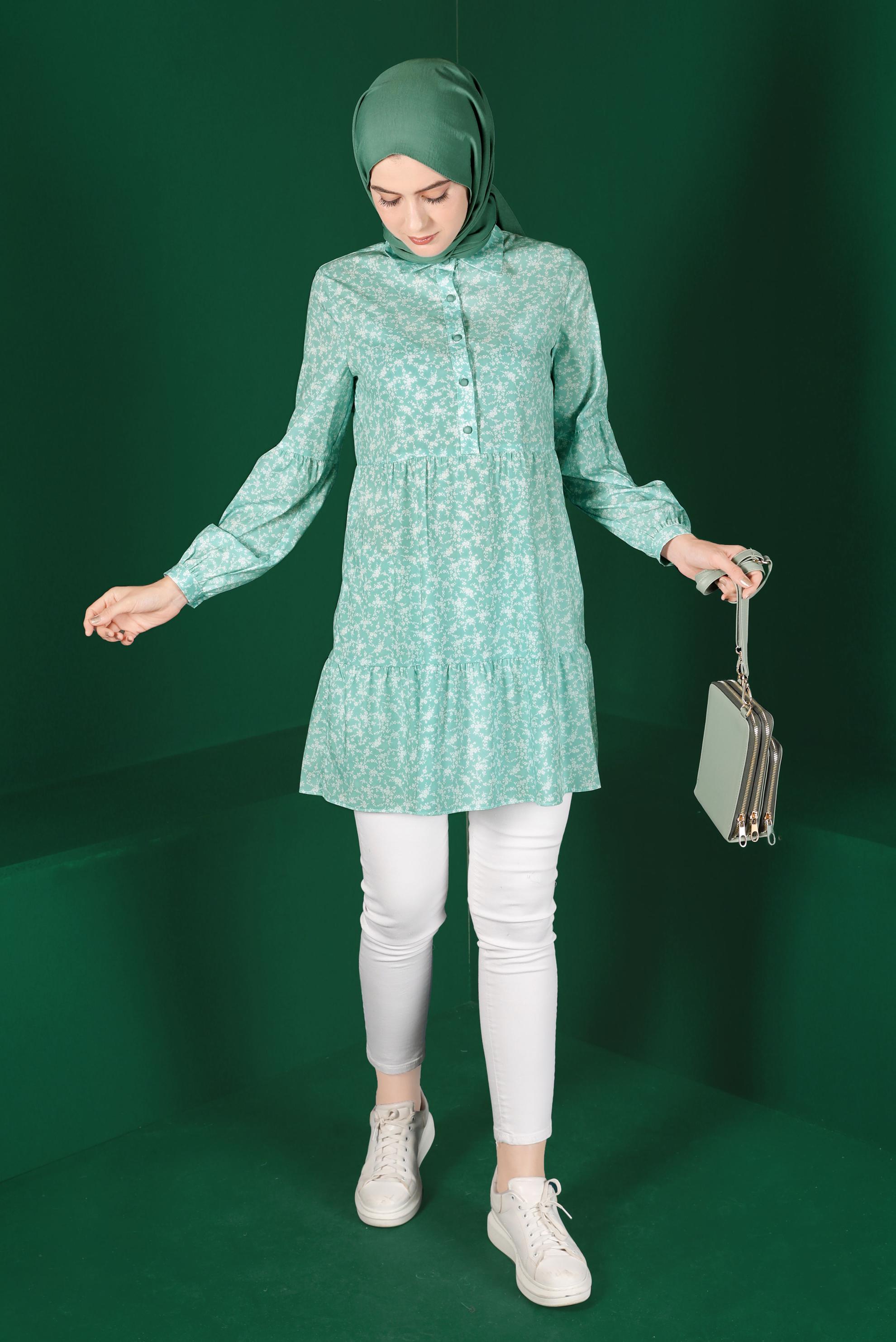 Hijab clothing GREEN FLORAL PATTERN BUTTONED TUNIC 42876 