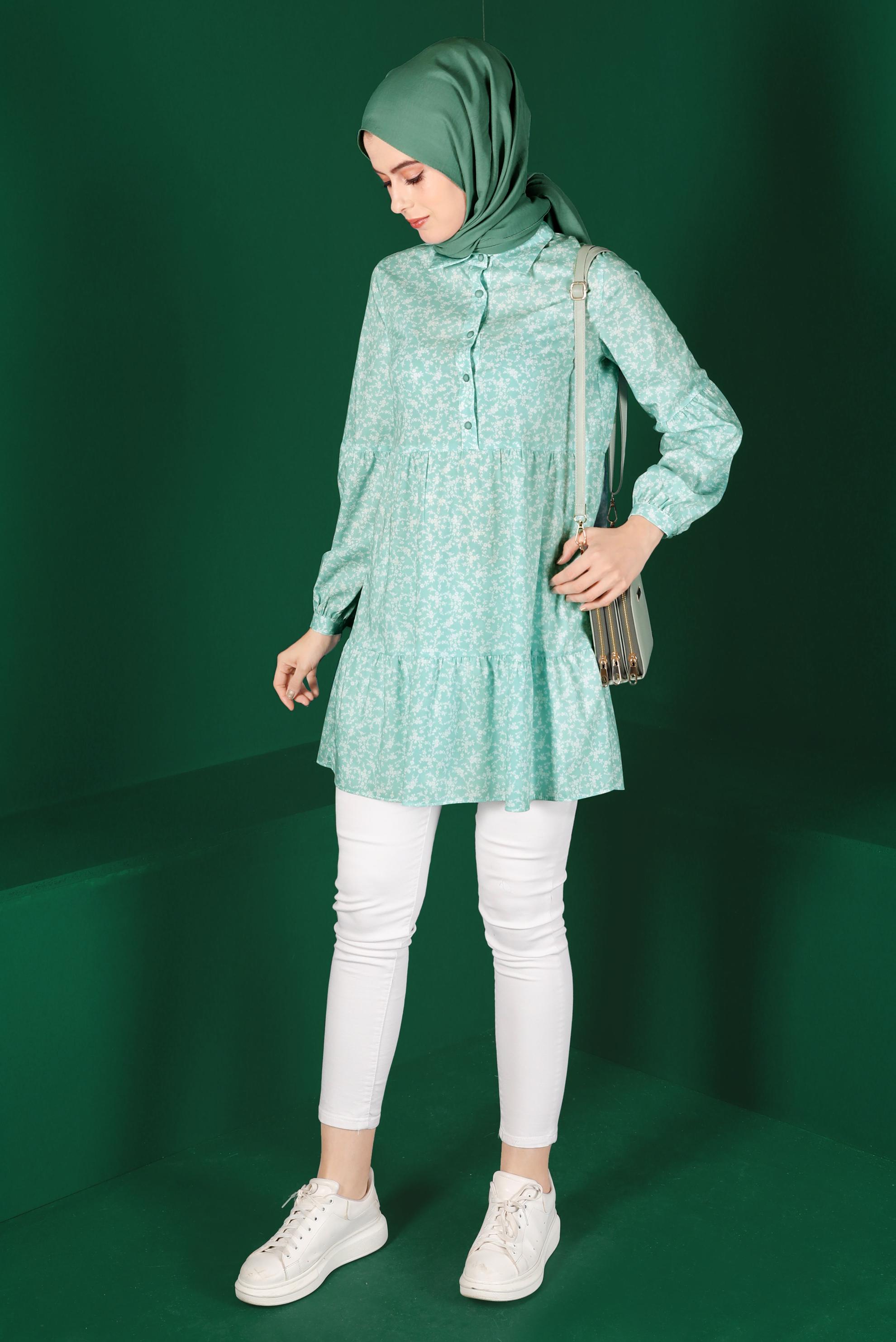 Hijab clothing GREEN FLORAL PATTERN BUTTONED TUNIC 42876 
