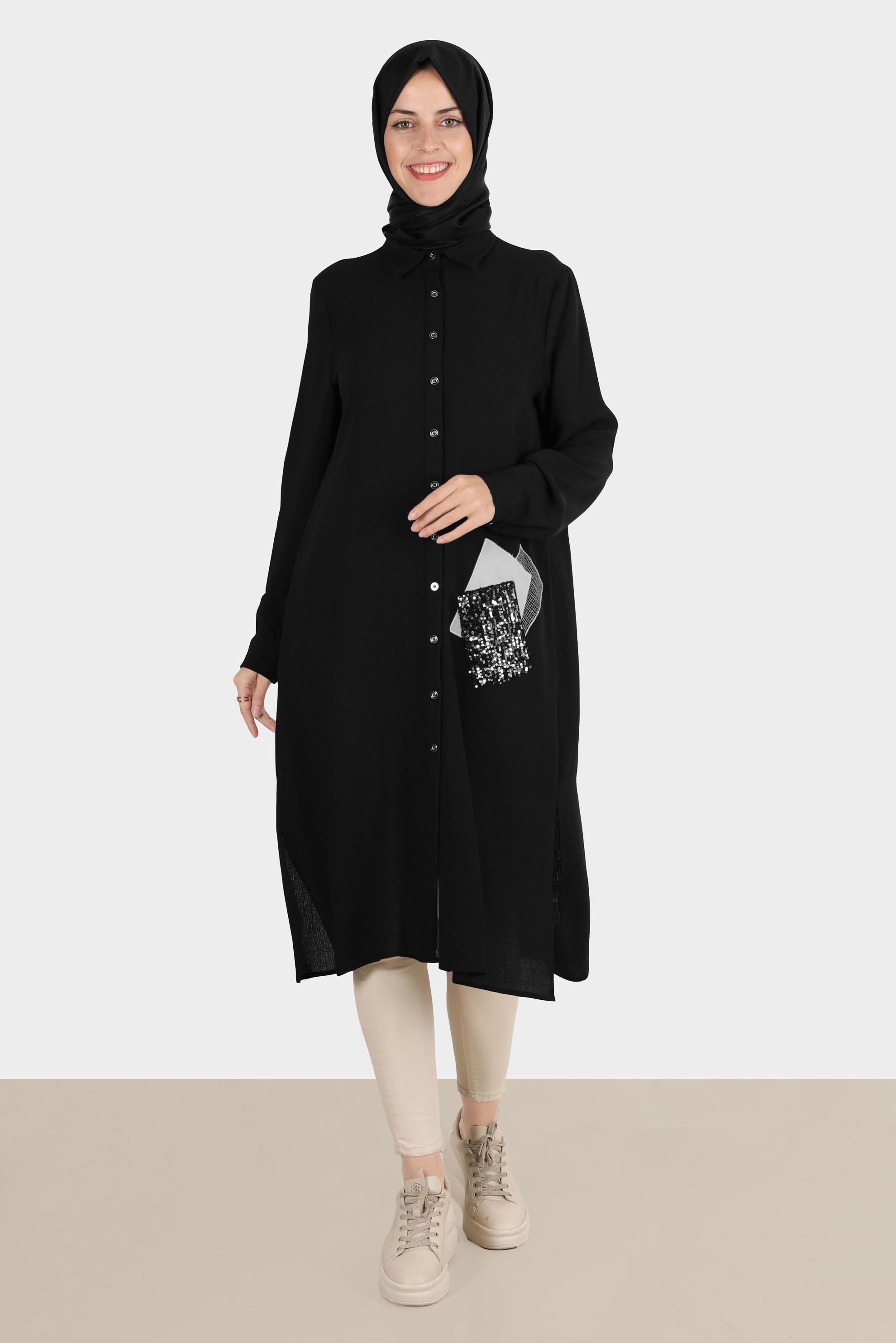 Tesettür giyim SİYAH PULLU NAKIŞLI TUNİK 42879
