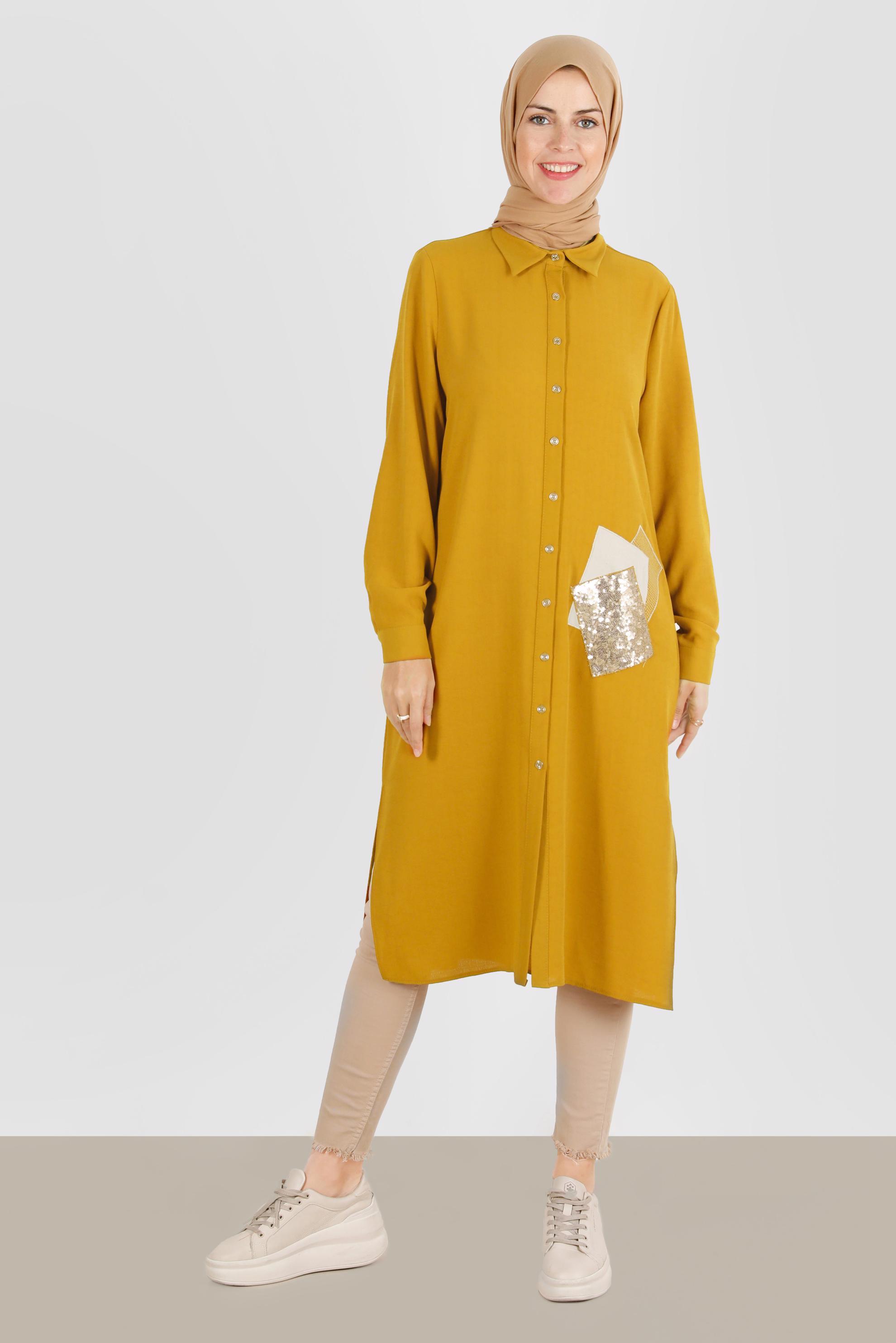 Vêtements hijab JAUNE TUNIQUE BOUTONNÉE BRODÉE DE SEQUINS 42879