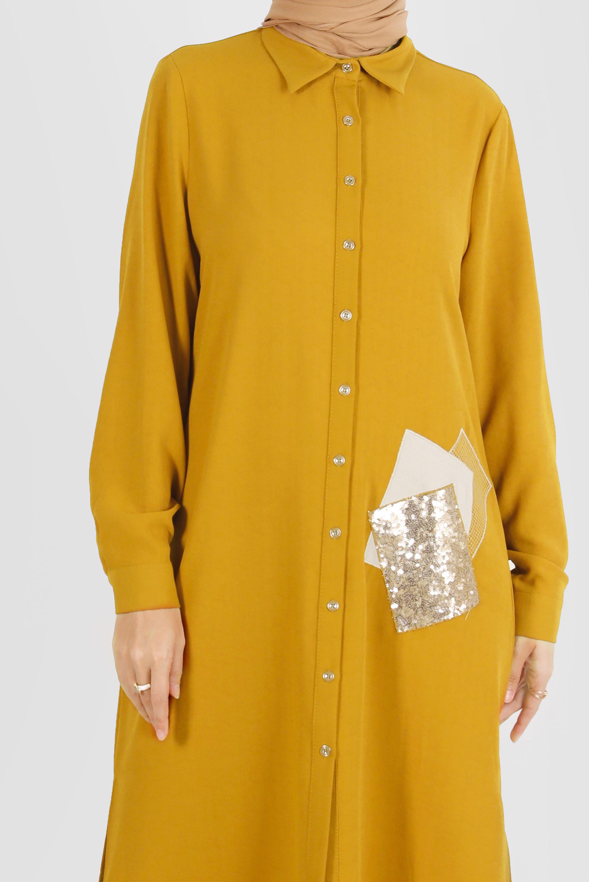 Vêtements hijab JAUNE TUNIQUE BOUTONNÉE BRODÉE DE SEQUINS 42879