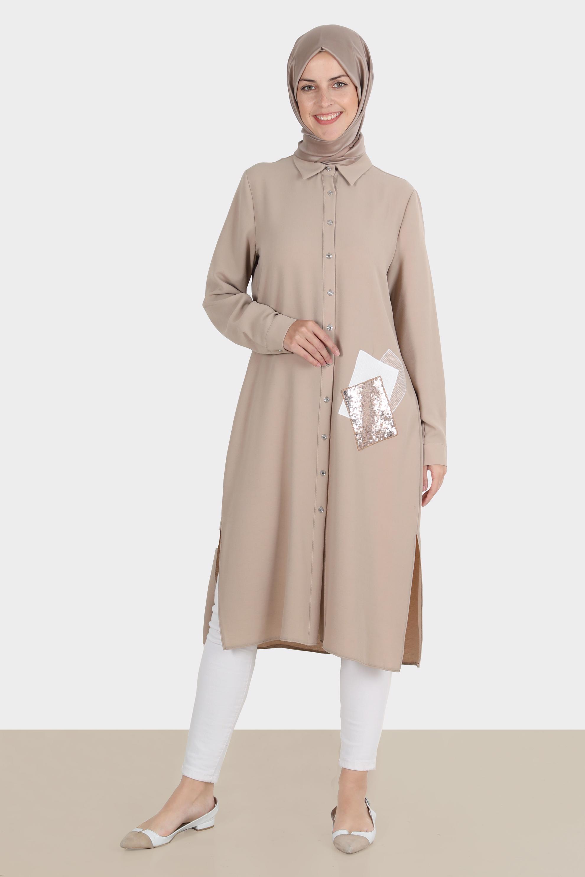 Tesettür giyim VİZON PULLU NAKIŞLI TUNİK 42879