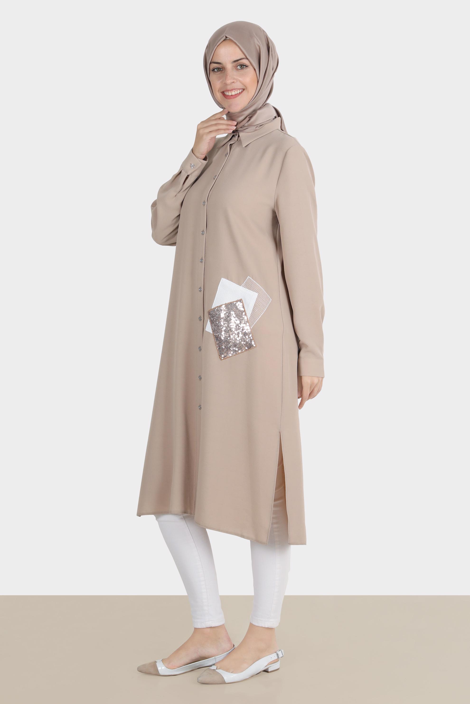 Tesettür giyim VİZON PULLU NAKIŞLI TUNİK 42879