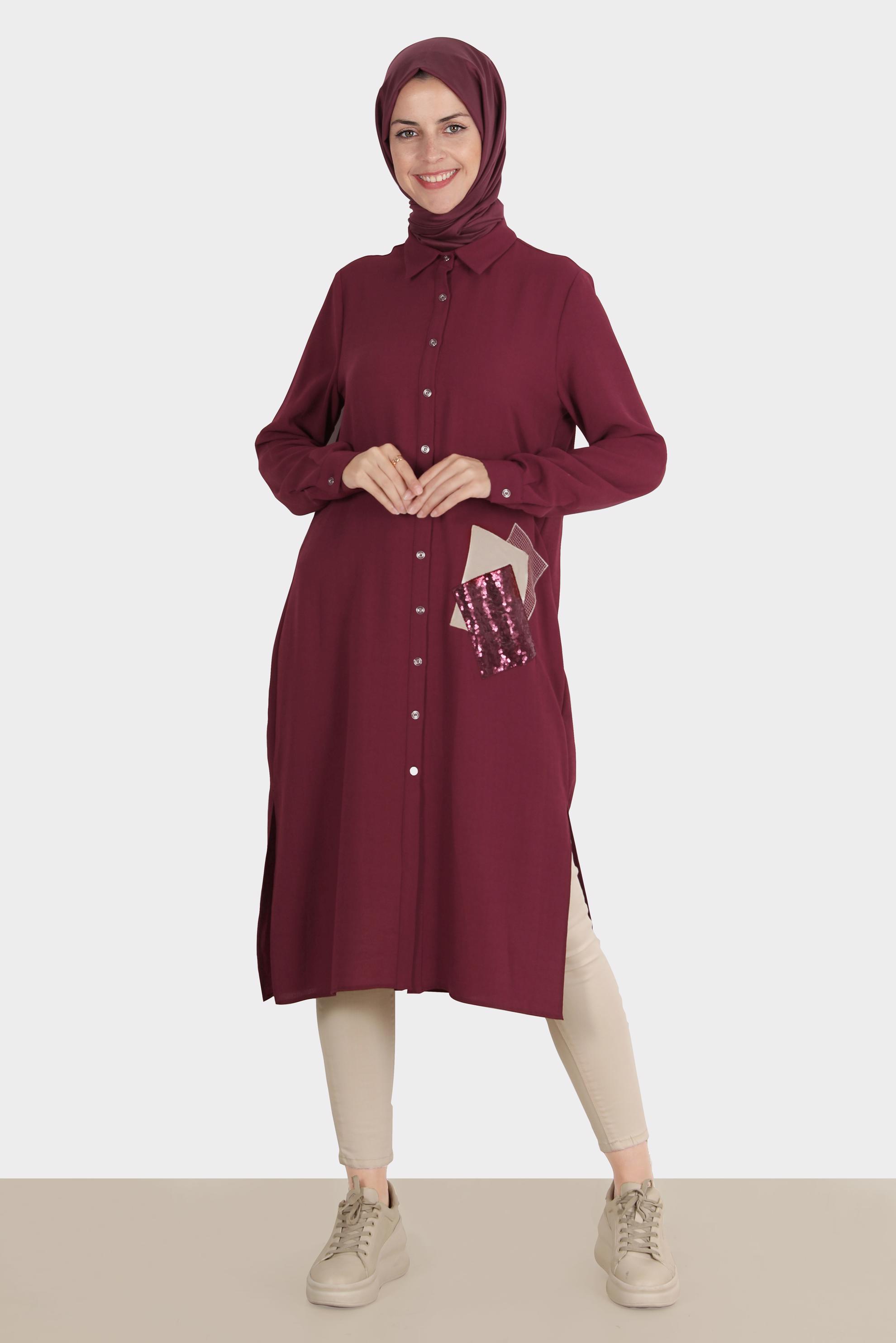 Tesettür giyim BORDO PULLU NAKIŞLI TUNİK 42879