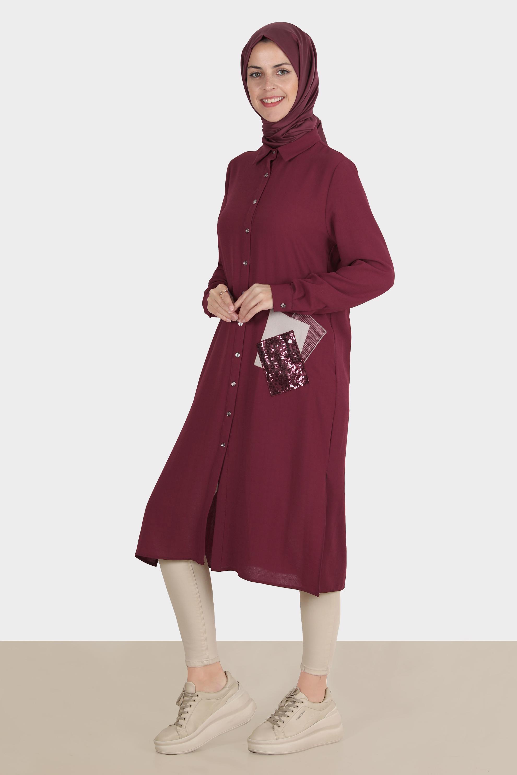 Tesettür giyim BORDO PULLU NAKIŞLI TUNİK 42879