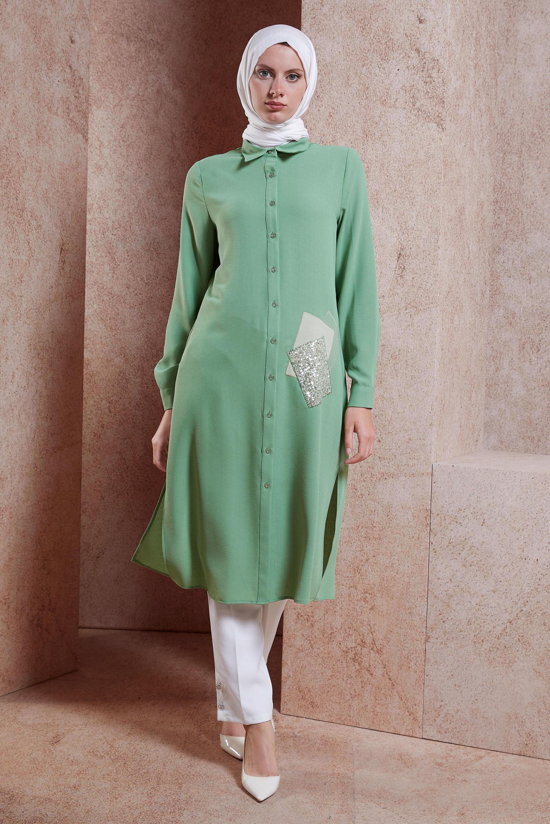 Tesettür giyim YEŞİL PULLU NAKIŞLI TUNİK 42879