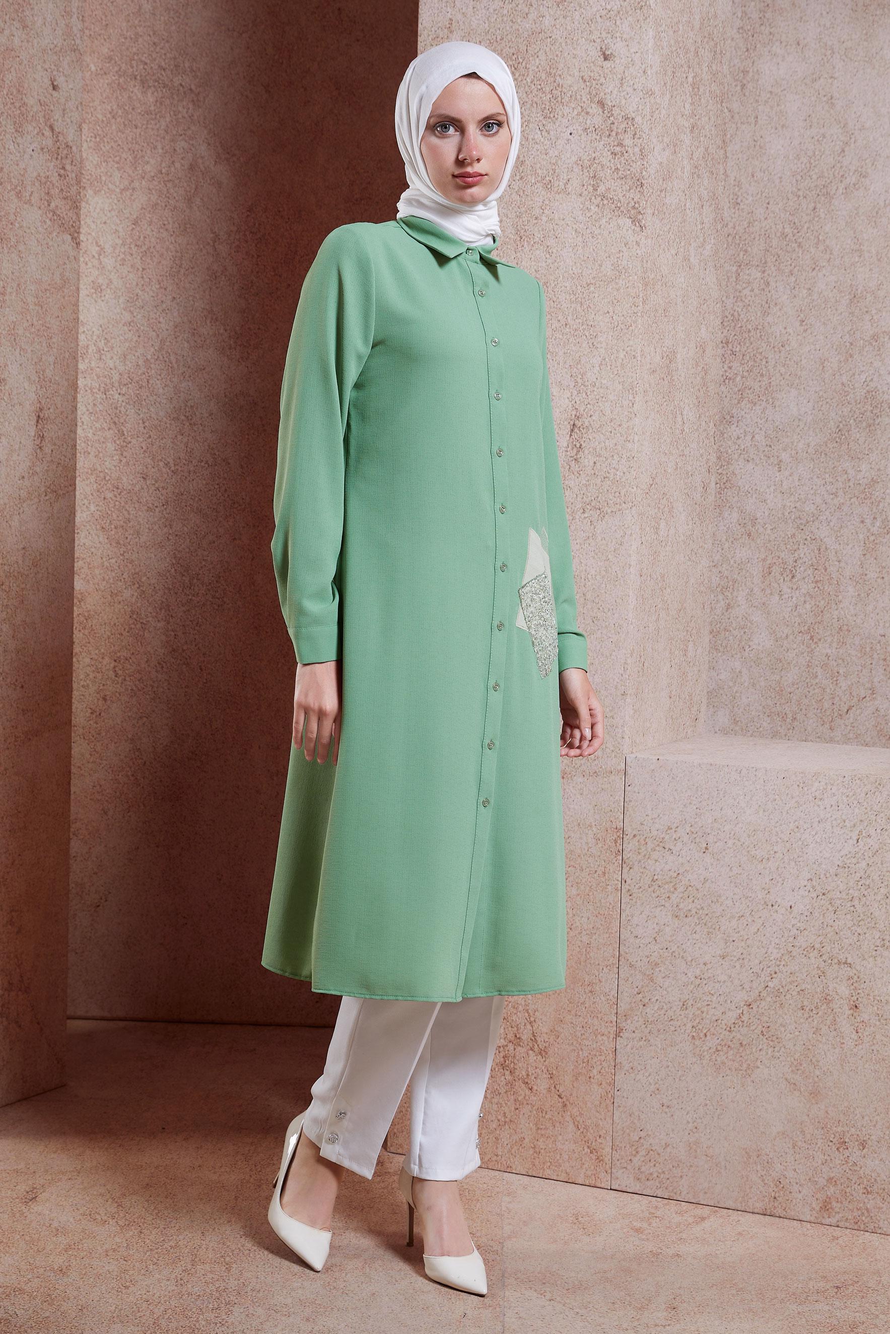 Tesettür giyim YEŞİL PULLU NAKIŞLI TUNİK 42879