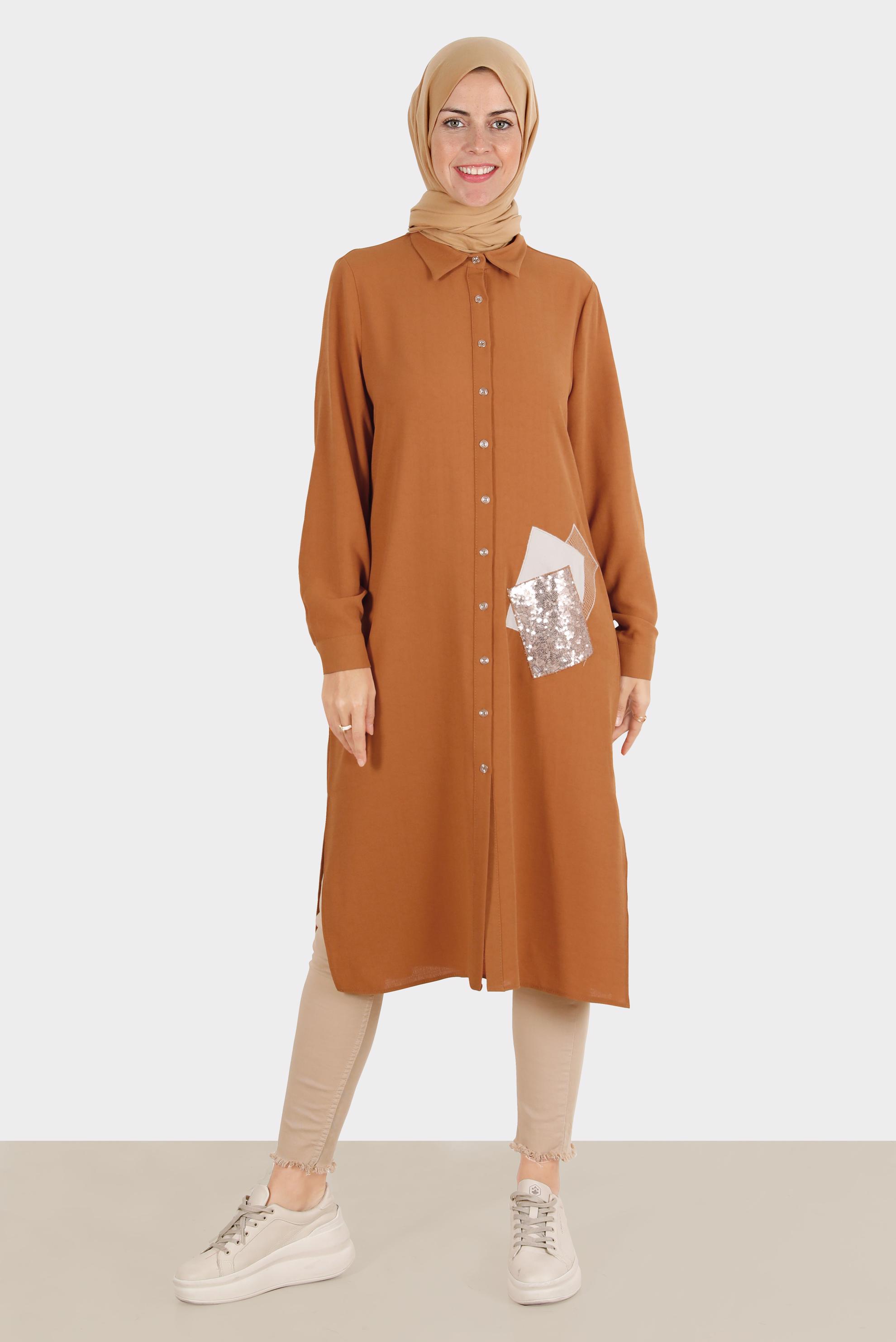 Tesettür giyim KAHVE PULLU NAKIŞLI TUNİK 42879