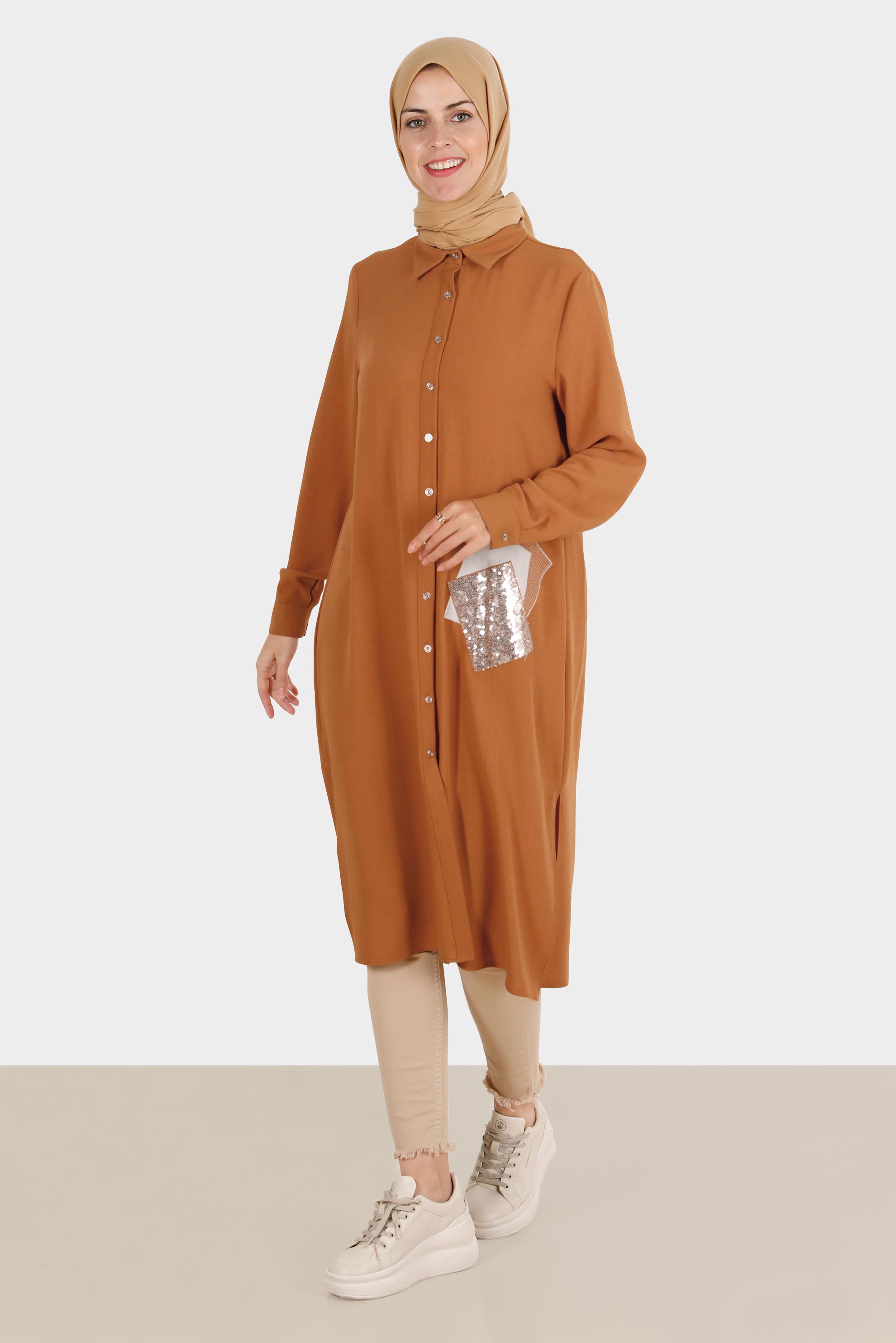 Tesettür giyim KAHVE PULLU NAKIŞLI TUNİK 42879