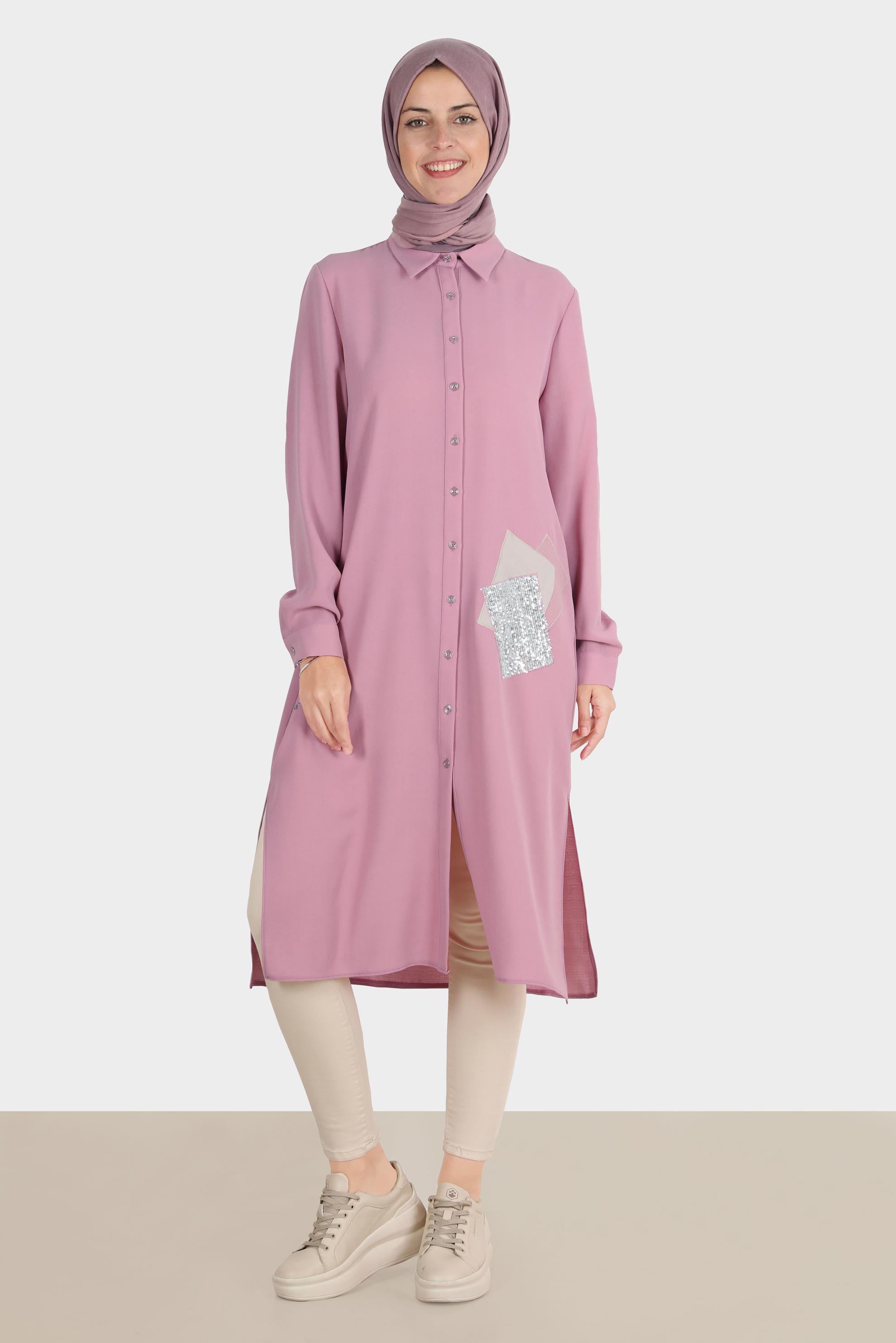 Tesettür giyim PEMBE PULLU NAKIŞLI TUNİK 42879