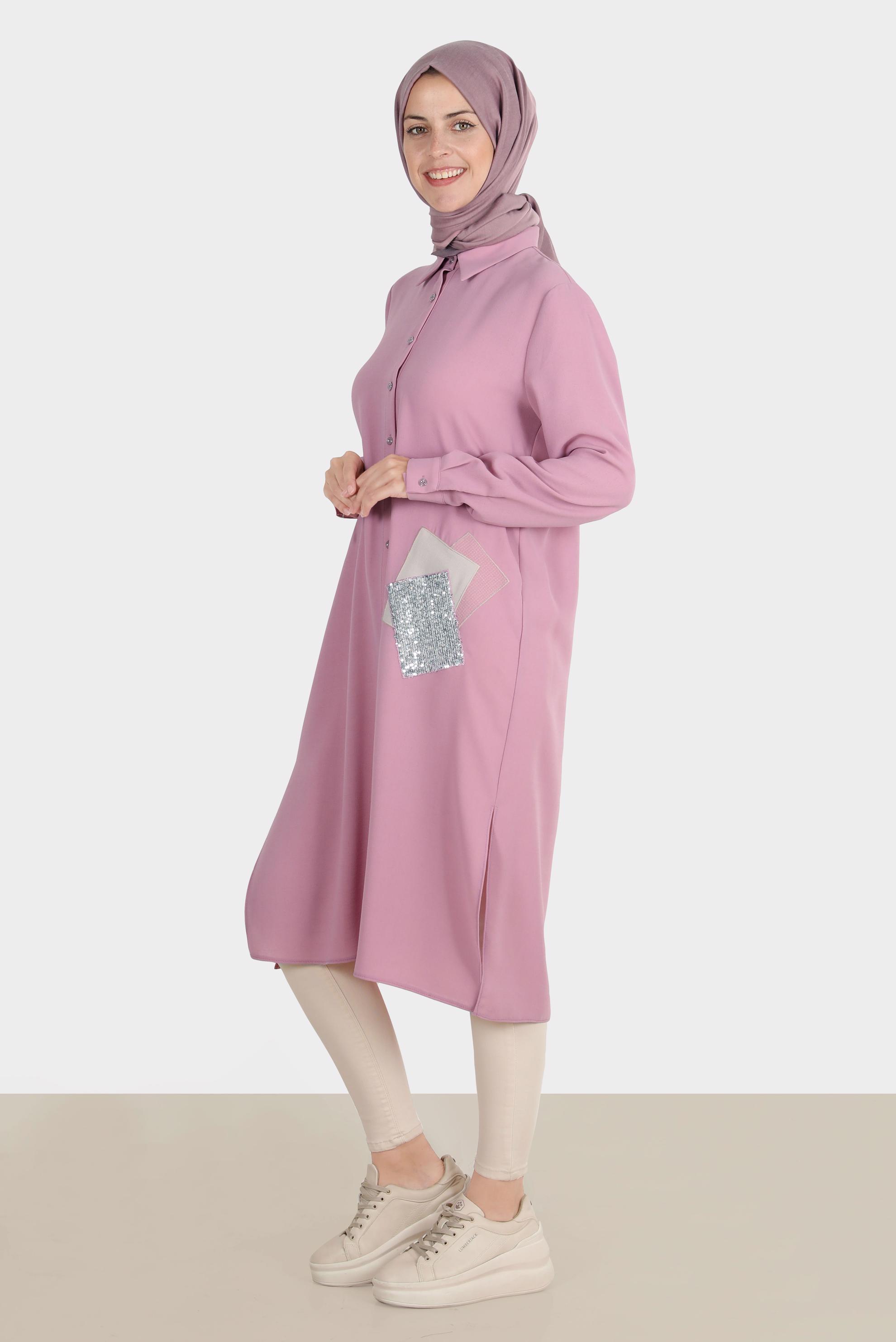 Tesettür giyim PEMBE PULLU NAKIŞLI TUNİK 42879
