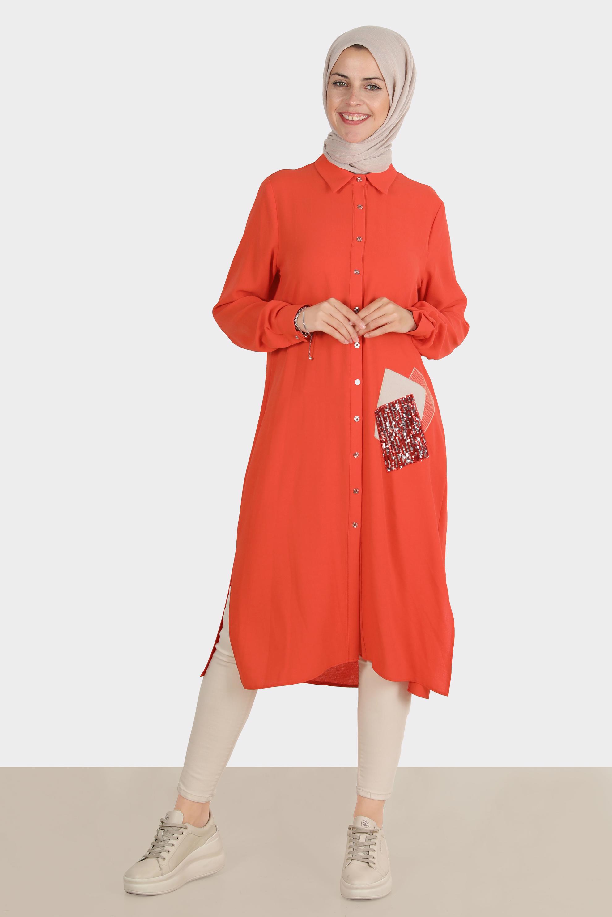 Tesettür giyim KIRMIZI PULLU NAKIŞLI TUNİK 42879