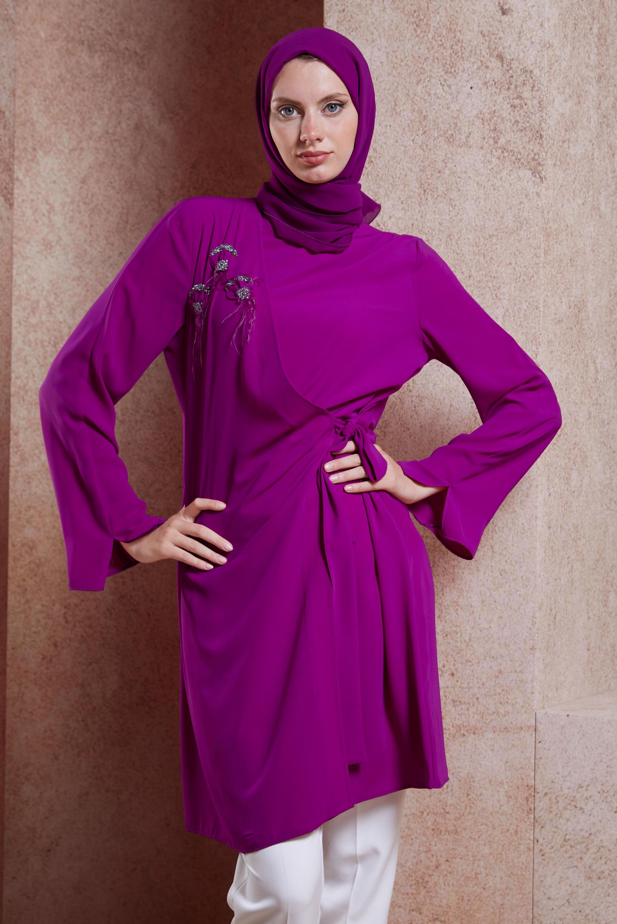 Tesettür giyim FUŞYA BAĞLAMA DETAYLI TUNİK 42880