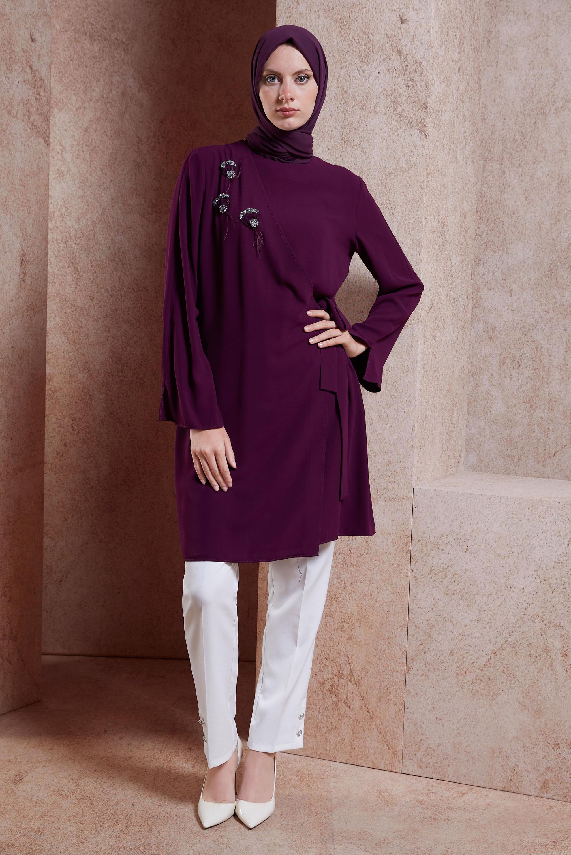 Tesettür giyim MOR BAĞLAMA DETAYLI TUNİK 42880