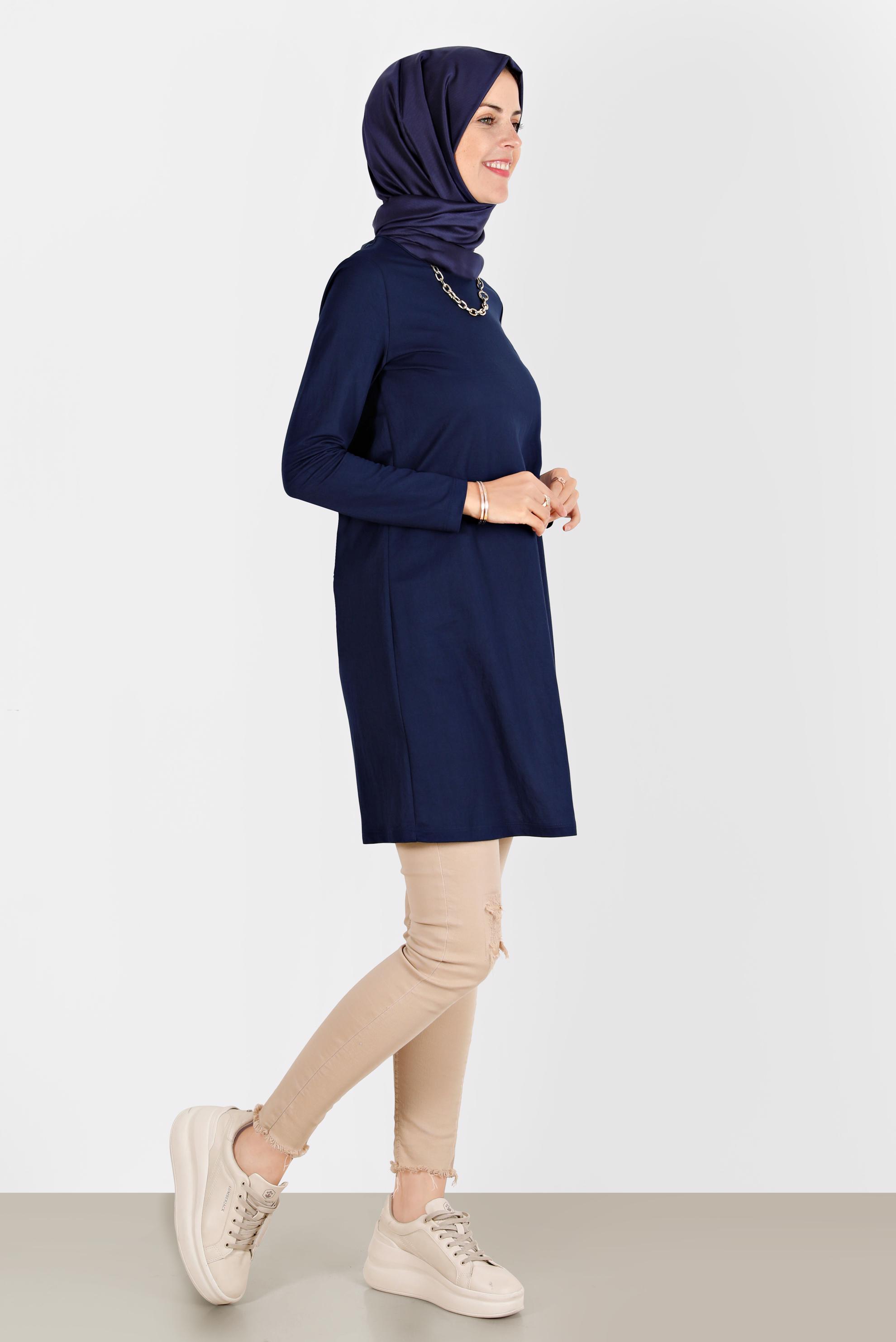 Tesettür giyim LACİVERT BİSİKLET YAKA TESETTÜR TUNİK 42894