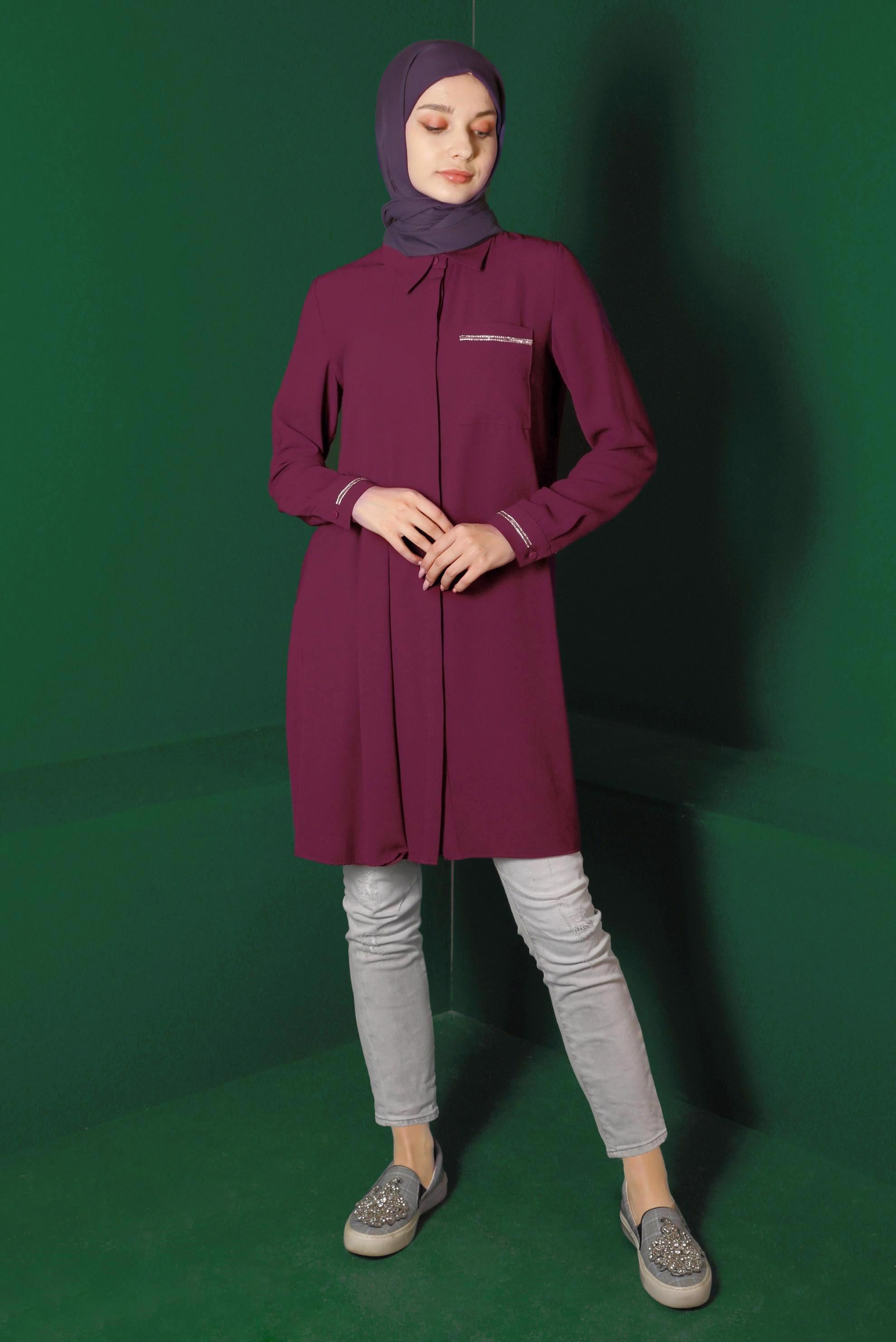 Tesettür giyim MOR CEP DETAYLI TUNİK 42901 