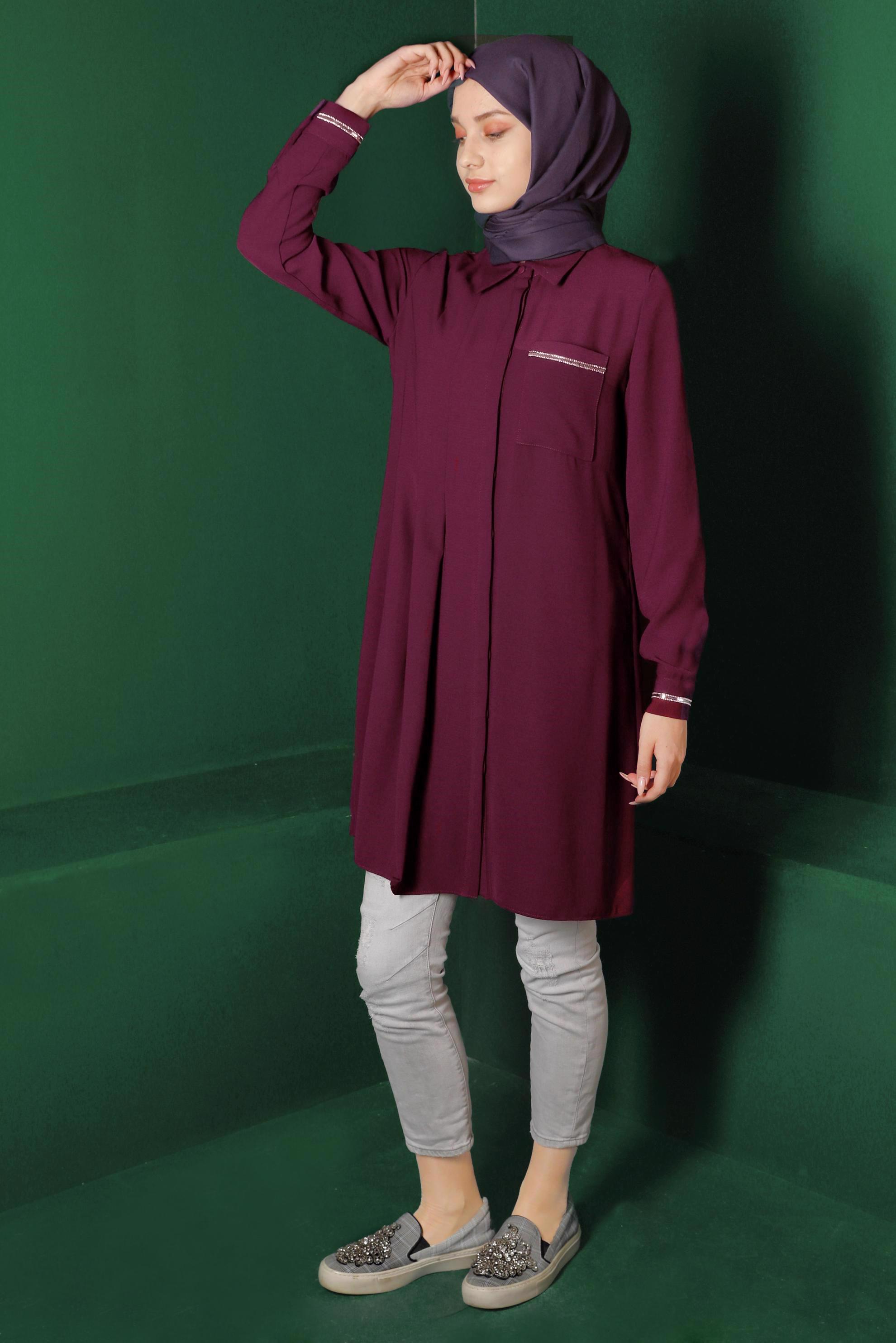 Tesettür giyim MOR CEP DETAYLI TUNİK 42901 