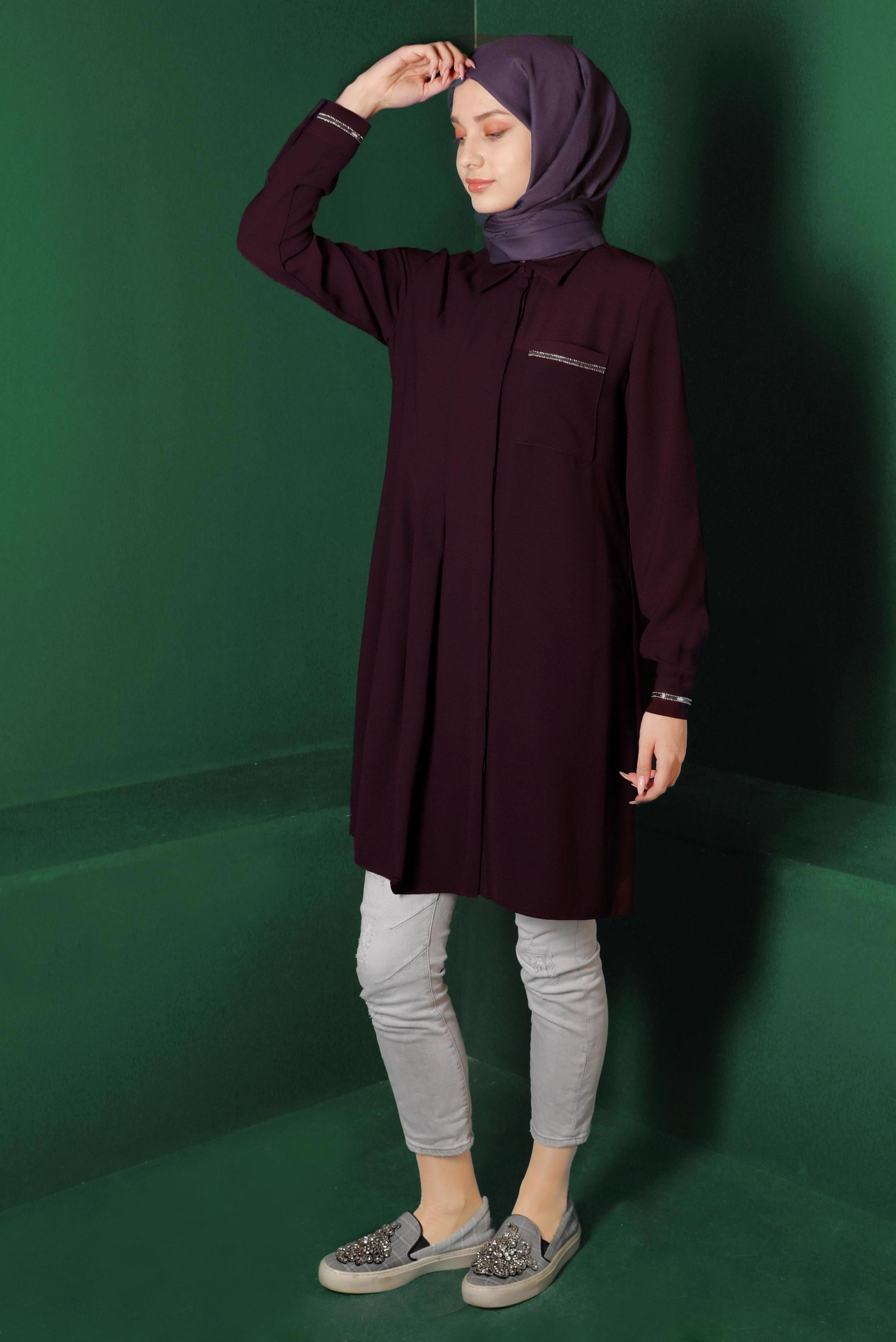 Tesettür giyim MOR CEP DETAYLI TUNİK 42901 