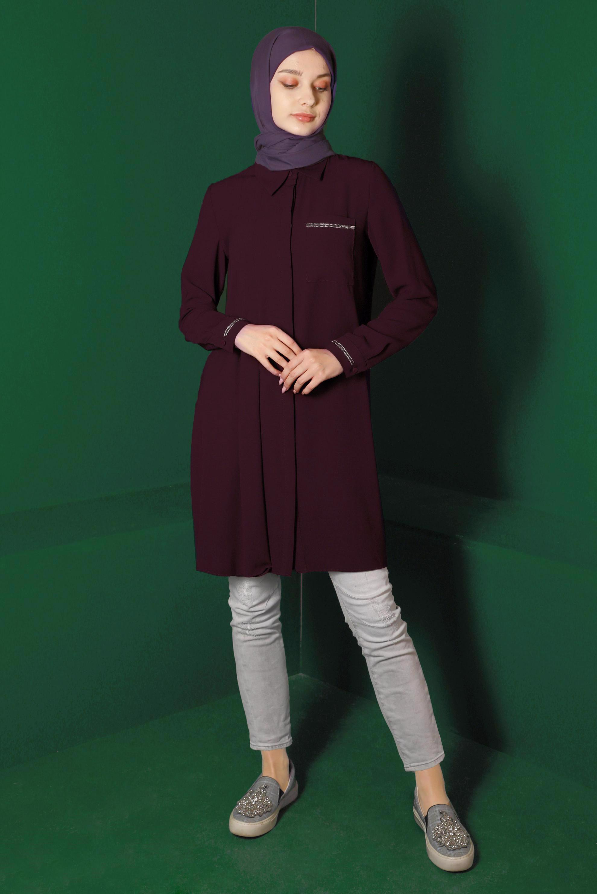 Tesettür giyim MOR CEP DETAYLI TUNİK 42901 