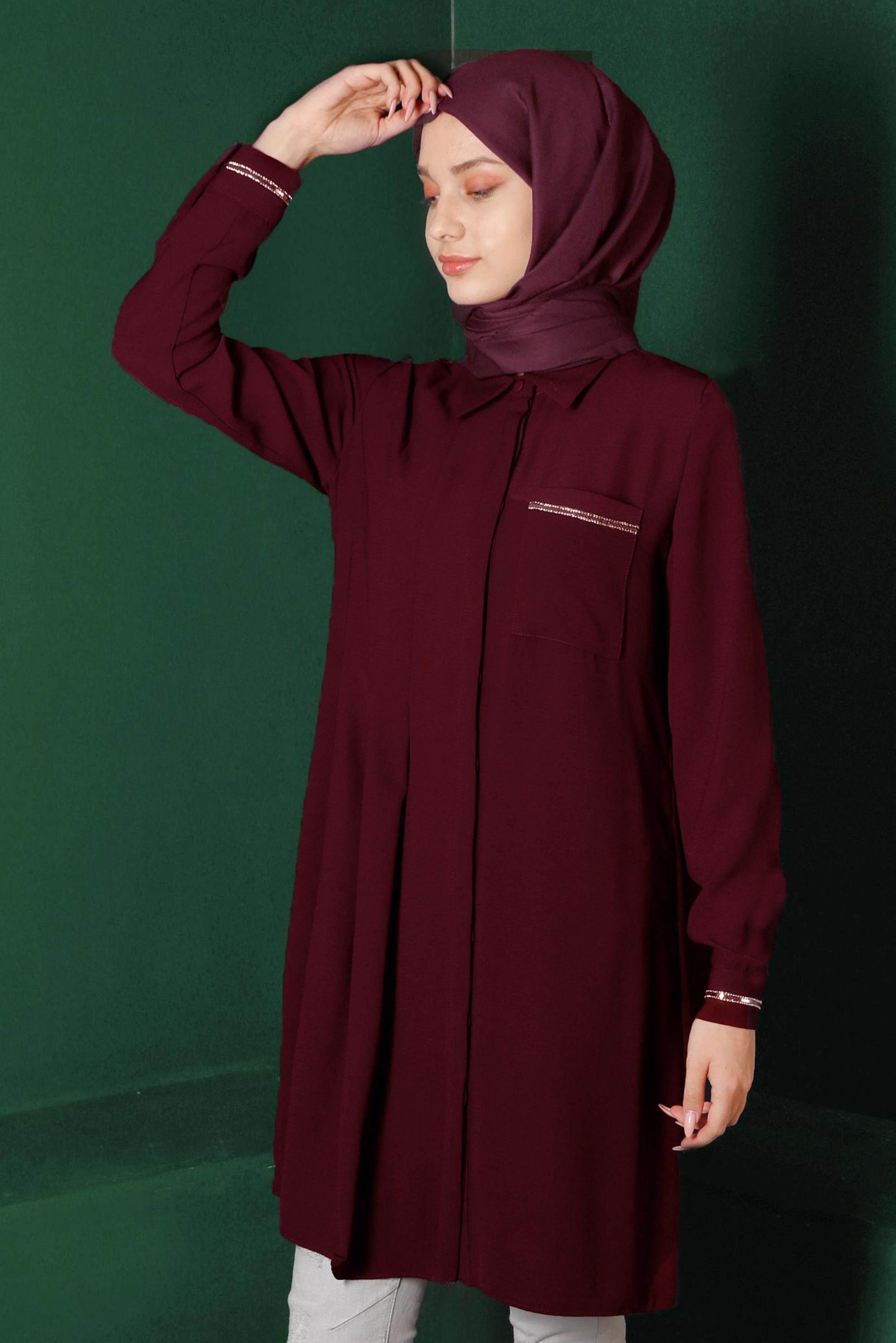 Tesettür giyim BORDO CEP DETAYLI TUNİK 42901 